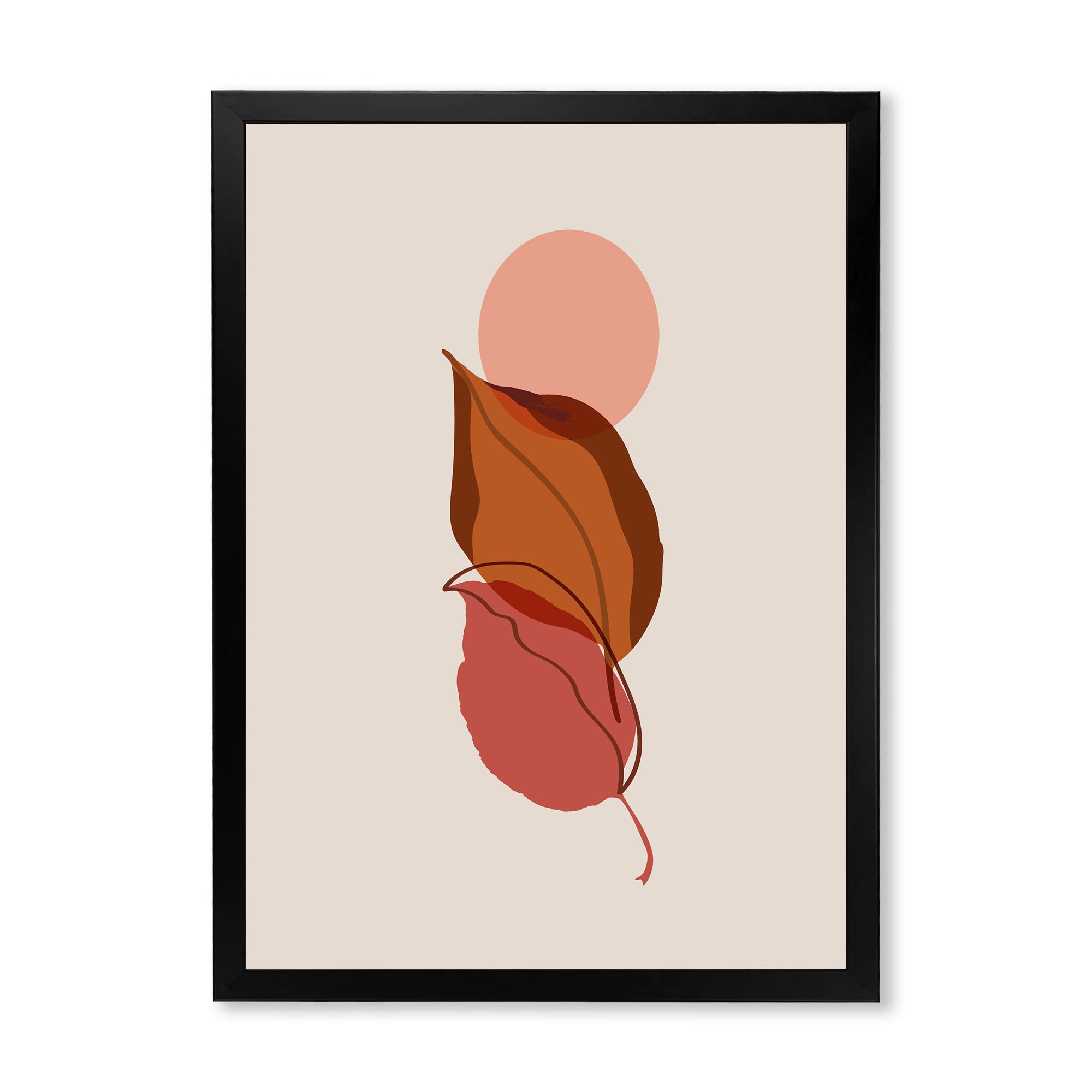 DesignQ Two Autumn Leaves Falling Under A Red Full Moon - Modern Framed Wall Art for Living Room, Bedroom & Office Decor