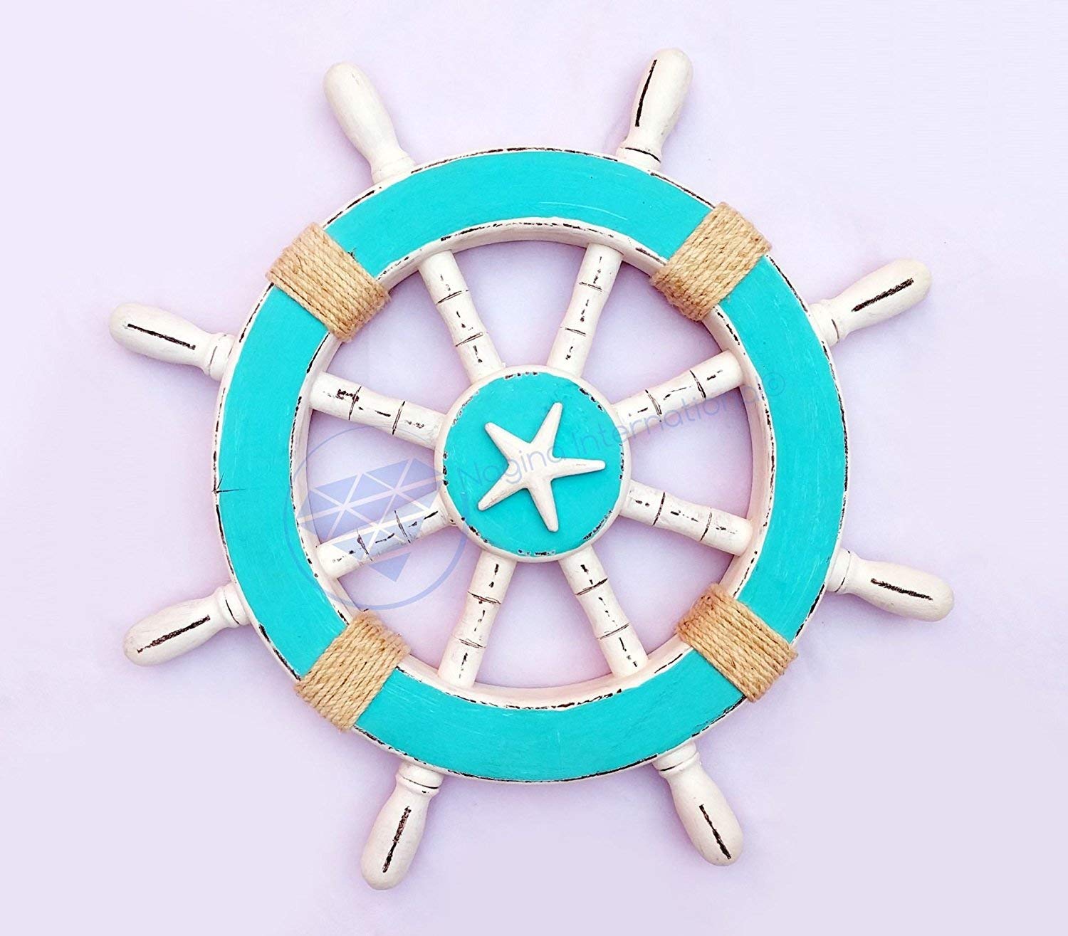 Nagina International Rustic Ocean Blue Nautical Ship Wheel Wall Decor with Roped Starfish Motif – 42 Inch Pirate-Themed Coastal Home Decor for Living Room, Bedroom, or Beach House