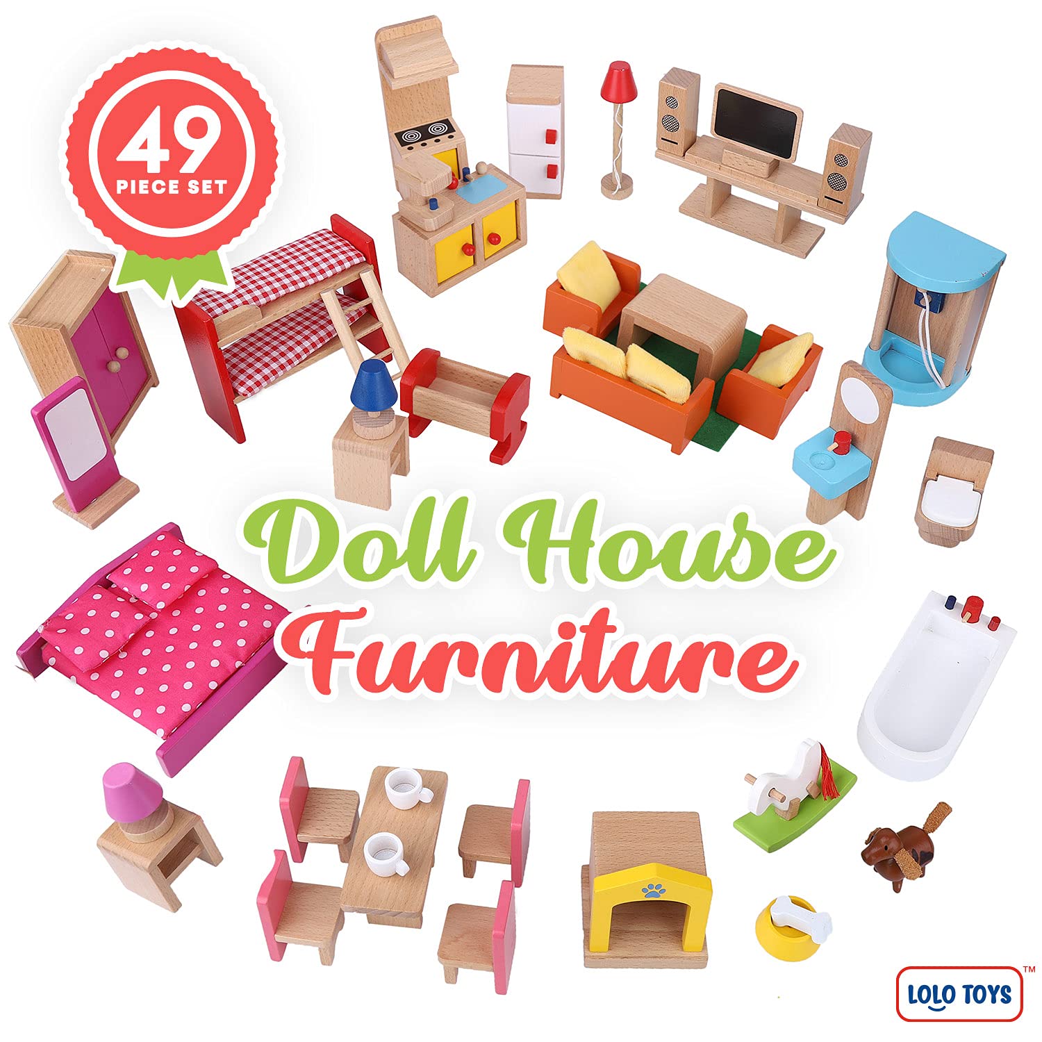Premium Wooden Dollhouse Furniture Set – 49PCS, 7 Rooms – Miniature Doll House Furniture & Accessories for Kids – Perfect for Pretend Play, Birthday Gifts & Room Decor