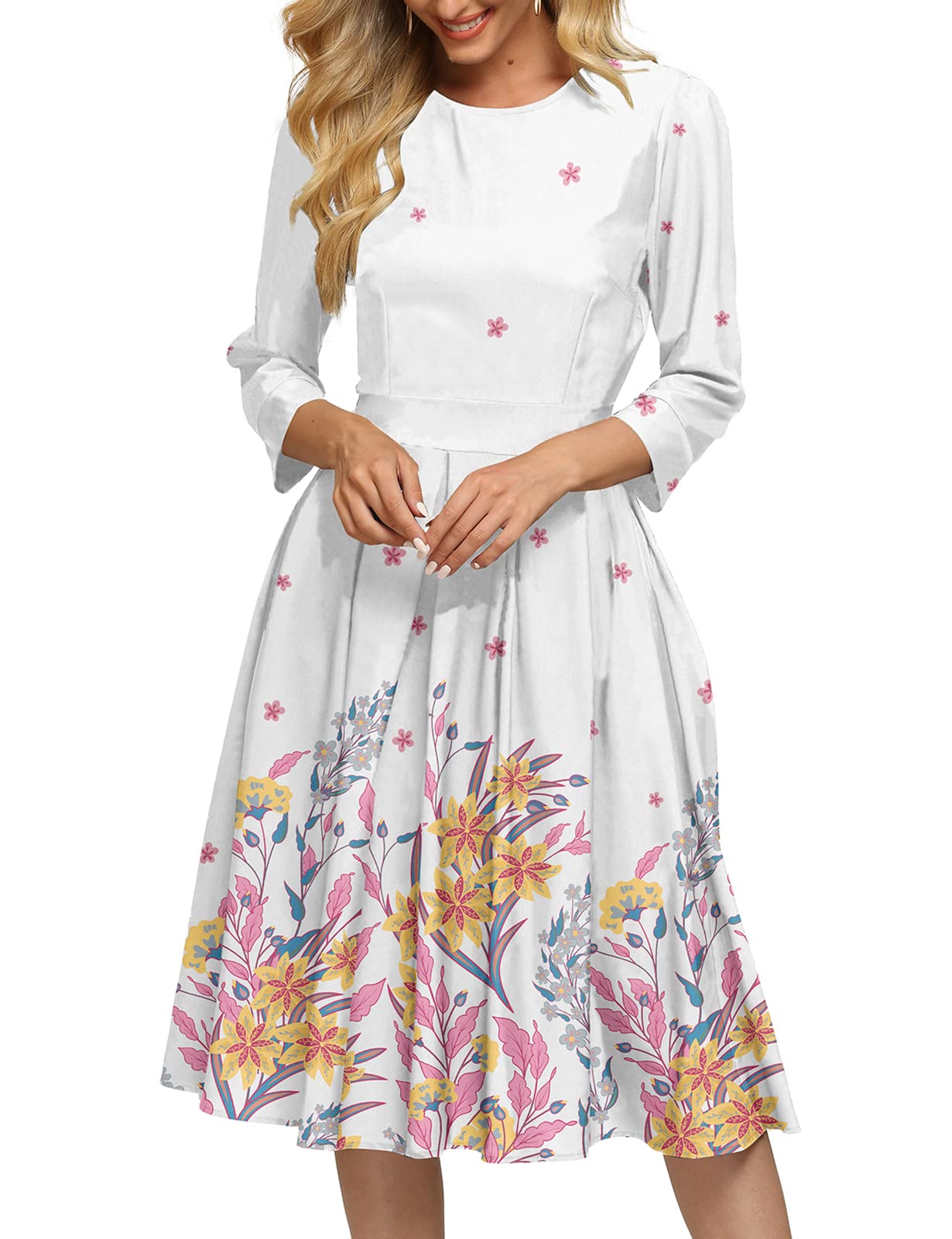 Vintage Floral Midi Dress for Women - Elegant 3/4 Sleeve Evening Gown | Perfect for Cocktail Parties, Weddings & Formal Occasions
