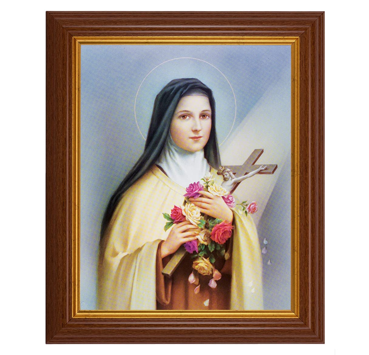 St. Therese Framed Wall Art - Large Traditional Dark Walnut Fluted Frame with Gold Beaded Edge - Catholic Home Decor for Living Room, Bedroom & Prayer Space