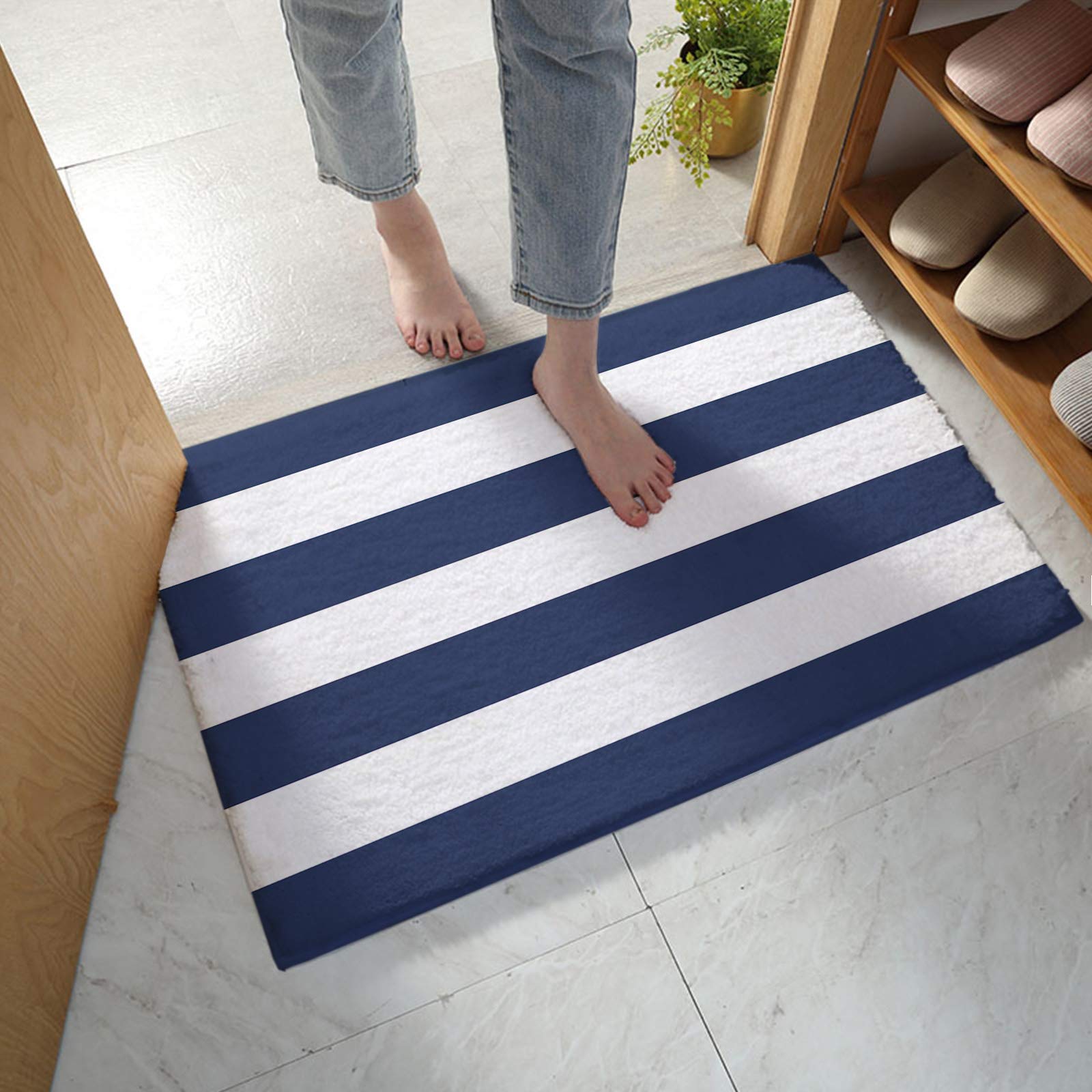 Luxury Bathroom Rug - Soft Absorbent Plush Microfiber Bath Mat with Non-Slip Rubber Backing, Blue and White Stripes Design for Bathroom, Shower, Front Door - Home Decor Floor Mat for Safety and Comfort