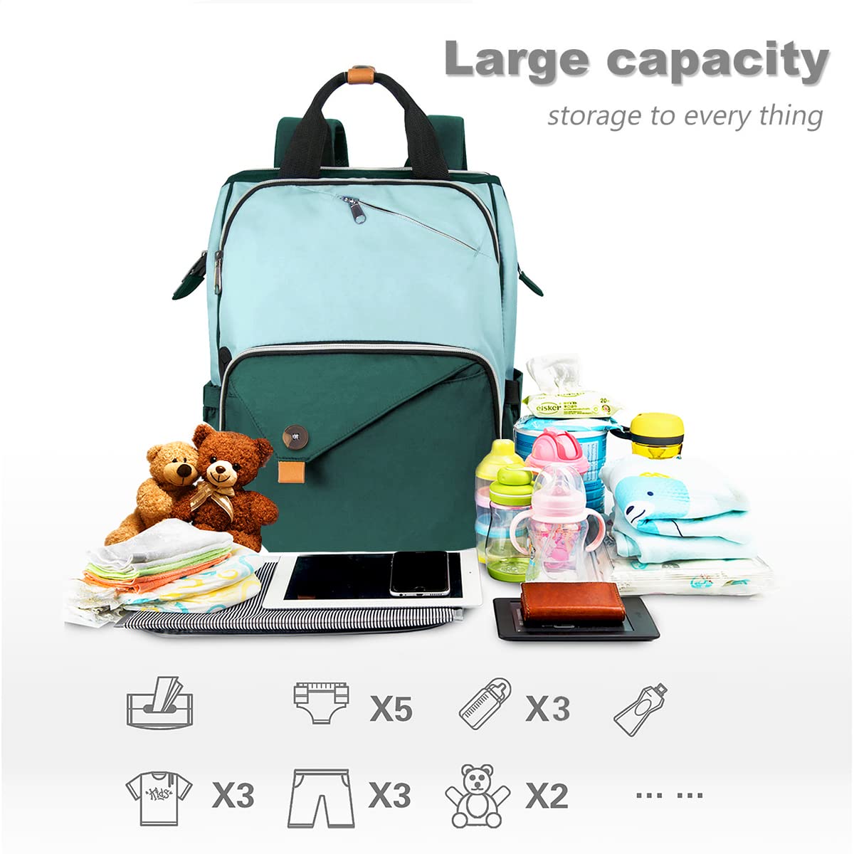 Hap Tim Large Baby Diaper Backpack for Boys & Girls - Double Compartment Diaper Bag with Insulated Pocket | Perfect Baby Shower Gift & Newborn Essentials | Ideal for Travel, Daycare & Outings (Green, 7340-GR)