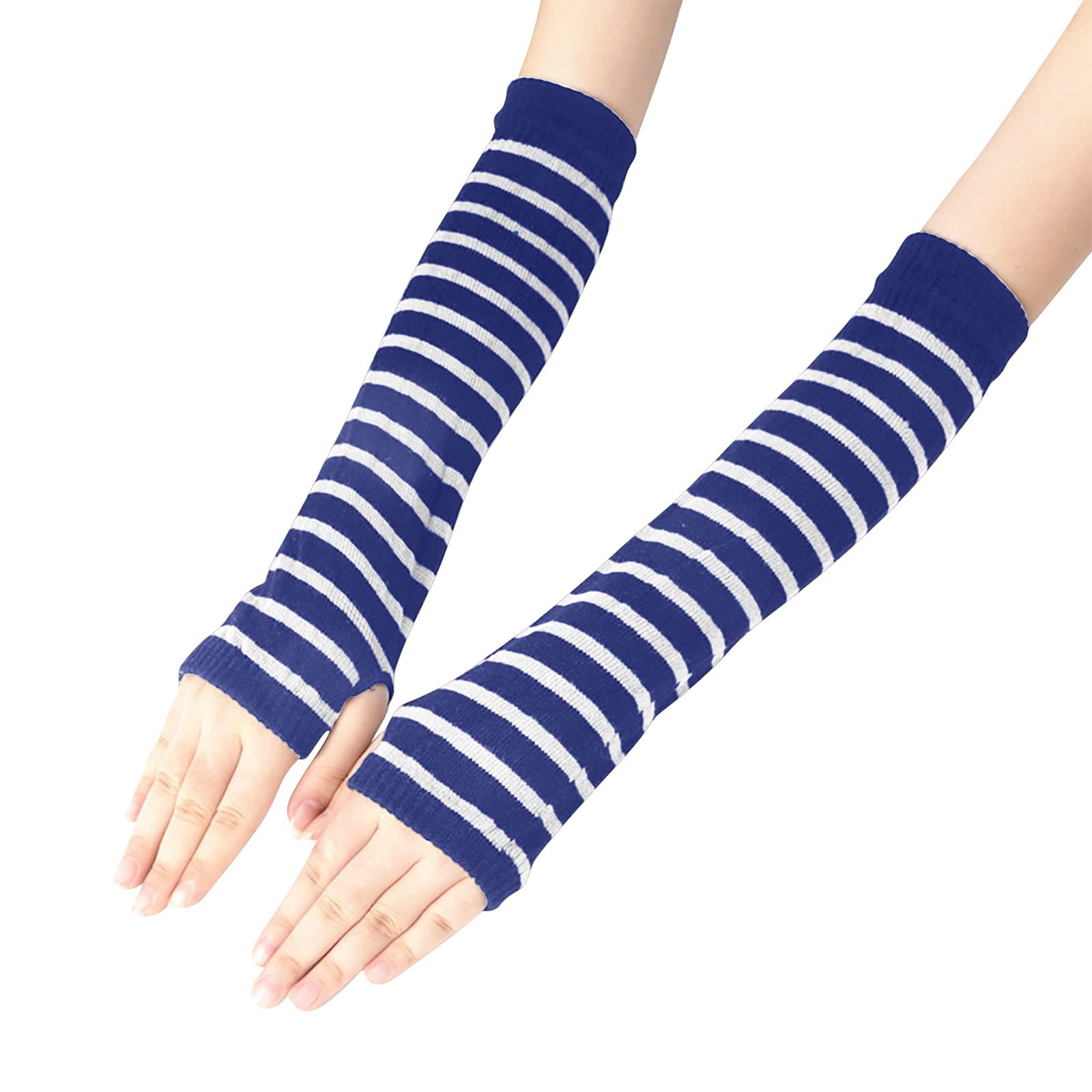 Punk Gothic Stripe Long Arm Fingerless Gloves for Women - Stylish Warmer Gloves with Finger Holes for Cosplay, Halloween, and Fashion Outfits