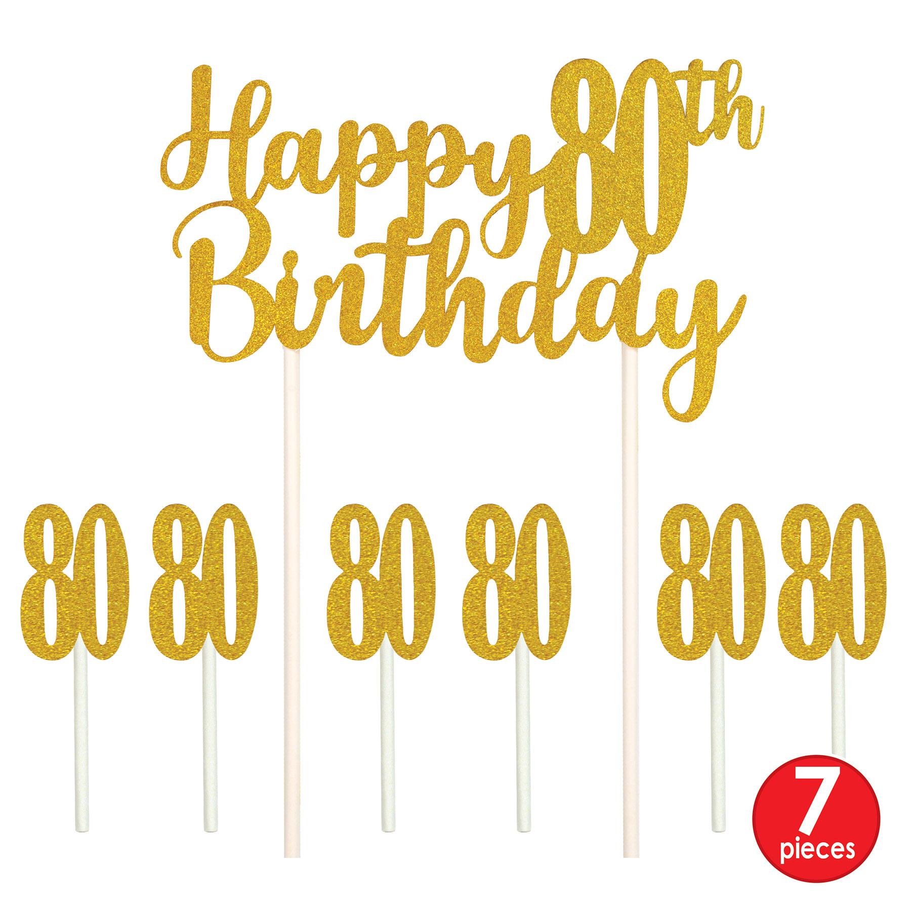 12 Pack Beistle Happy 80th Birthday Cake Toppers - Gold Foil Decorations for Milestone Birthday Parties, Retirement Celebrations & Anniversary Cakes