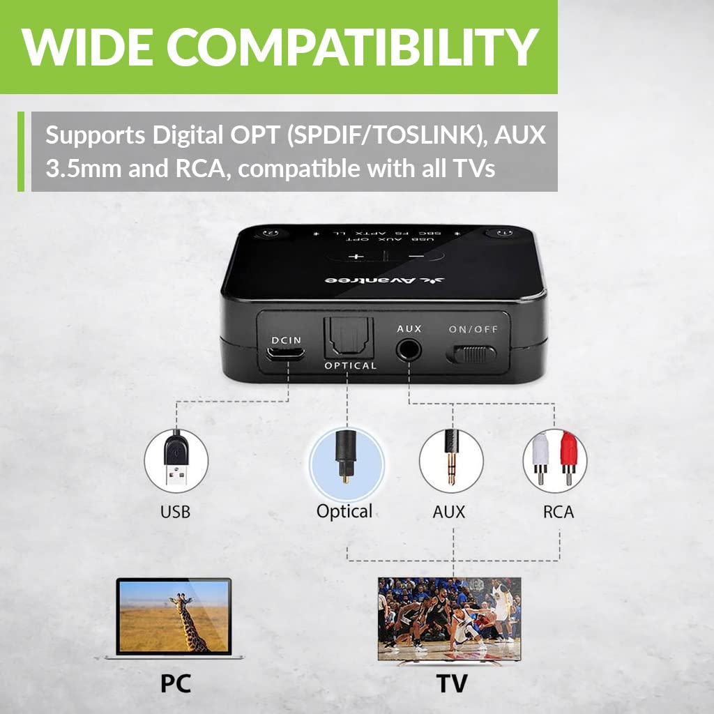 Avantree Audikast Plus - Wireless Bluetooth Audio Transmitter for TV with USB, Optical & AUX Output | Long Range 100ft, Dual Link, Volume Control | Works with TV Headphones & Home Theater Systems | Perfect for Late Night TV Watching & Gaming Without Disturbing Others