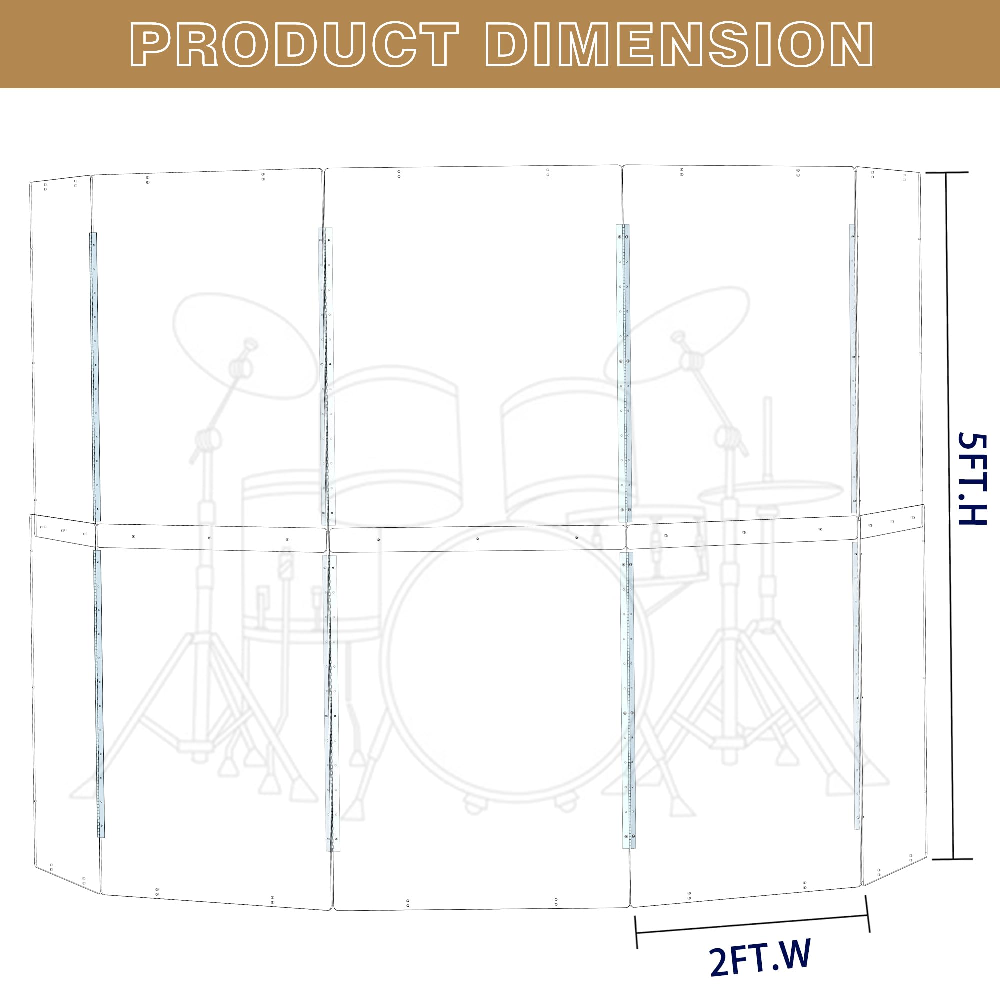 5-Panel Portable Drum Shield 2ft x 5ft - Acrylic Sound Screen with Full-Length Stainless Steel Hinges | Drum Cage for Live Performances, Church Worship & Studio Recording | Noise Reduction for Drum Sets & Practice Sessions