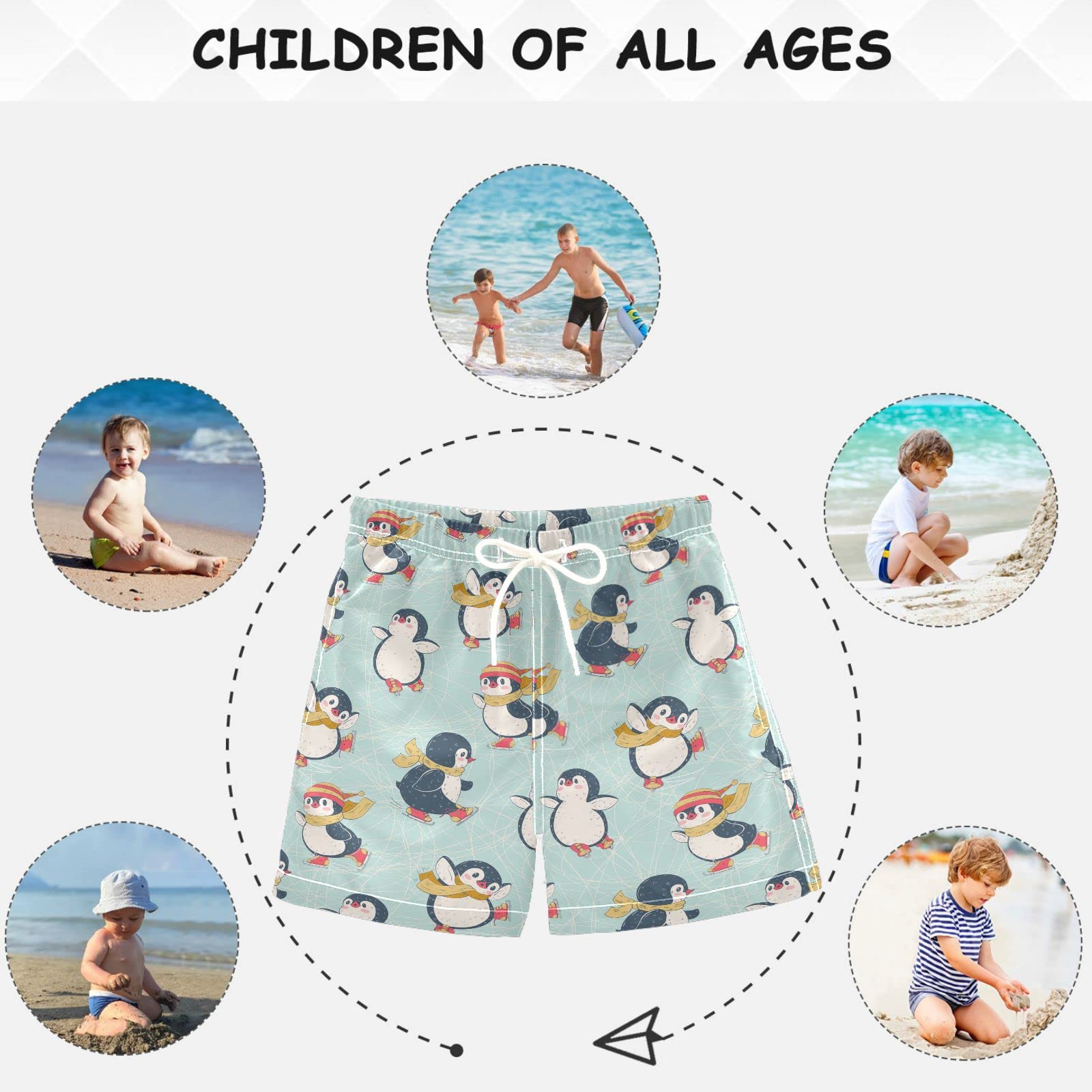Visesunny Cute Penguin Boys Swim Trunks - Quick Dry Kids Board Shorts for Toddlers & Boys - Funny Bathing Suits for Beach, Pool & Summer Water Play