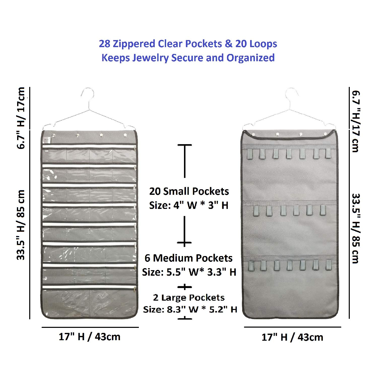 Dual-Sided Zippered Jewelry Organizer with Hanger - 28 Clear Pockets & 20 Tape Loops - Perfect for Travel, Home & Closet Storage (Grey)