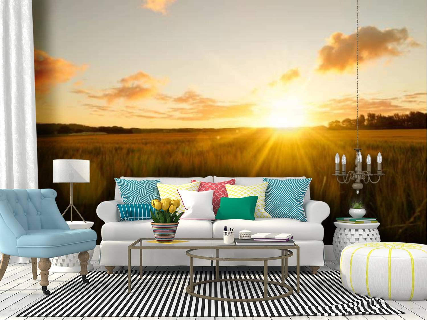 Sunrise Over Field Rural Scenery Peel and Stick Wallpaper - Self-Adhesive Removable Vinyl Wall Mural for Home Decor | Large Wall Sticker, Shelf Paper & Royalty-Free Photo Backdrop | Perfect for Living Rooms, Bedrooms, and Office Spaces