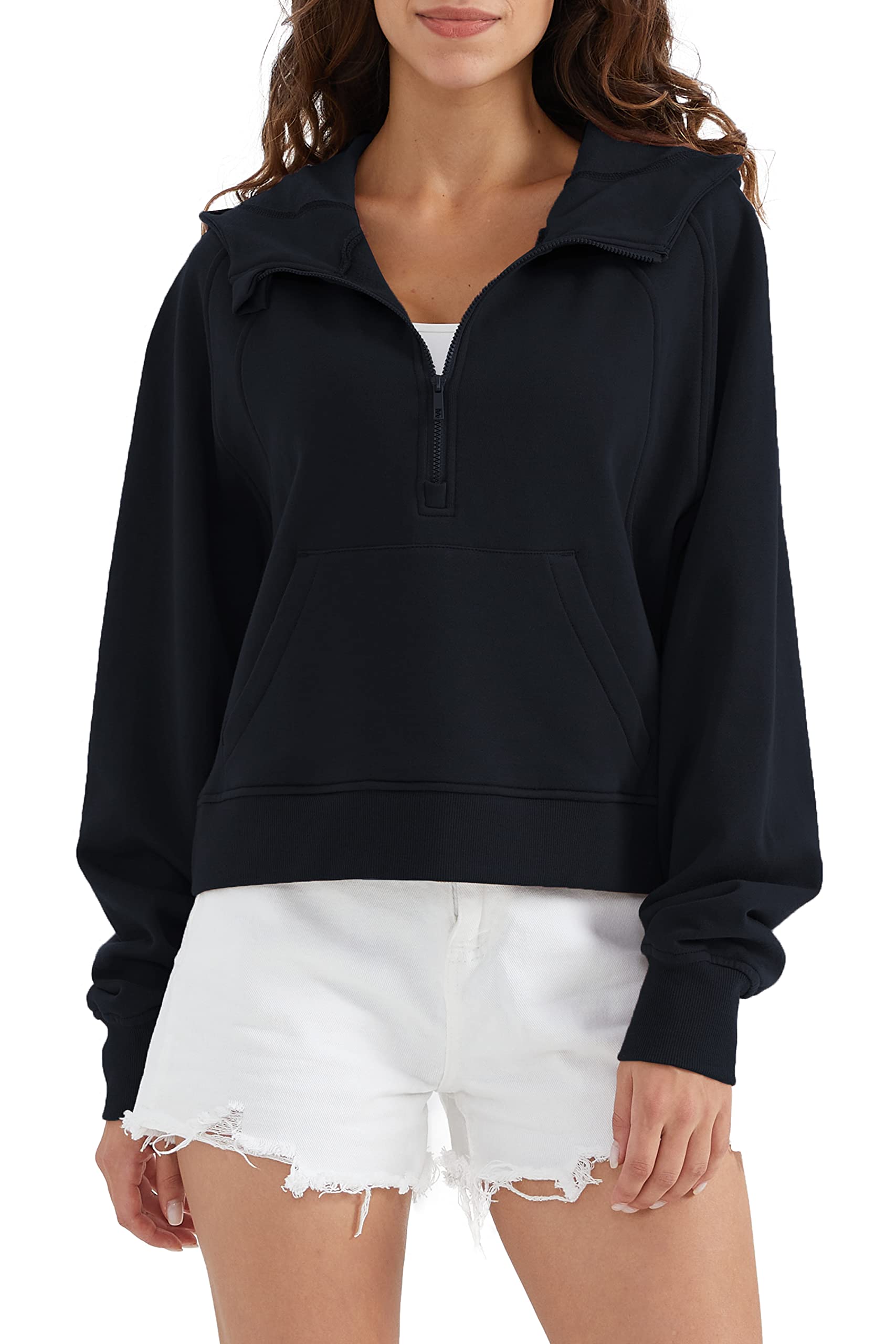 Orolay Women's Cropped Half-Zip Hoodie Sweatshirt - Long Sleeve Pullover with Front Pocket - Casual Loose Fit for Streetwear, Workout & Everyday Wear