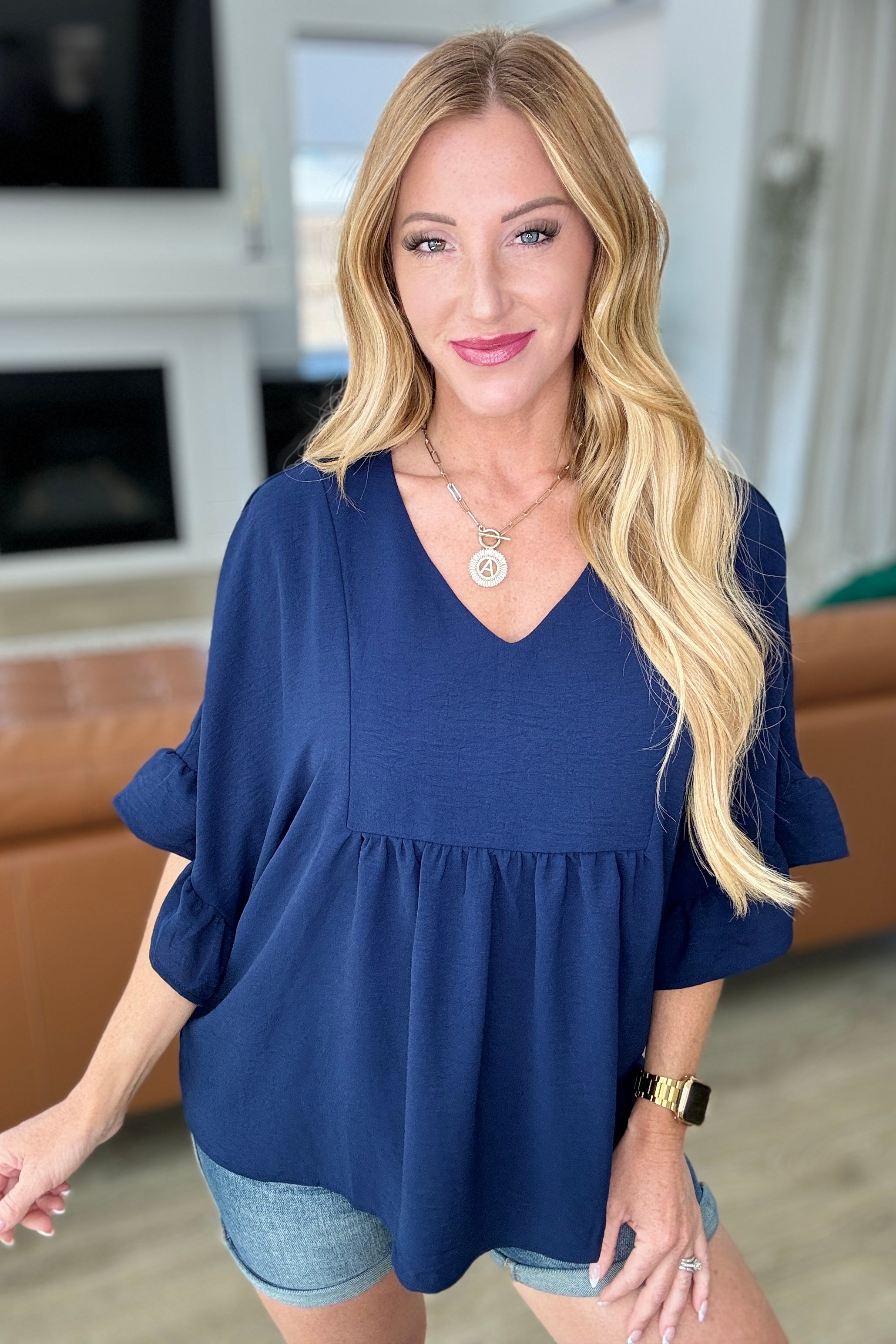 Navy Airflow Peplum Ruffle Sleeve Blouse - Breathable Summer Women's Top for Casual Outings & Date Nights