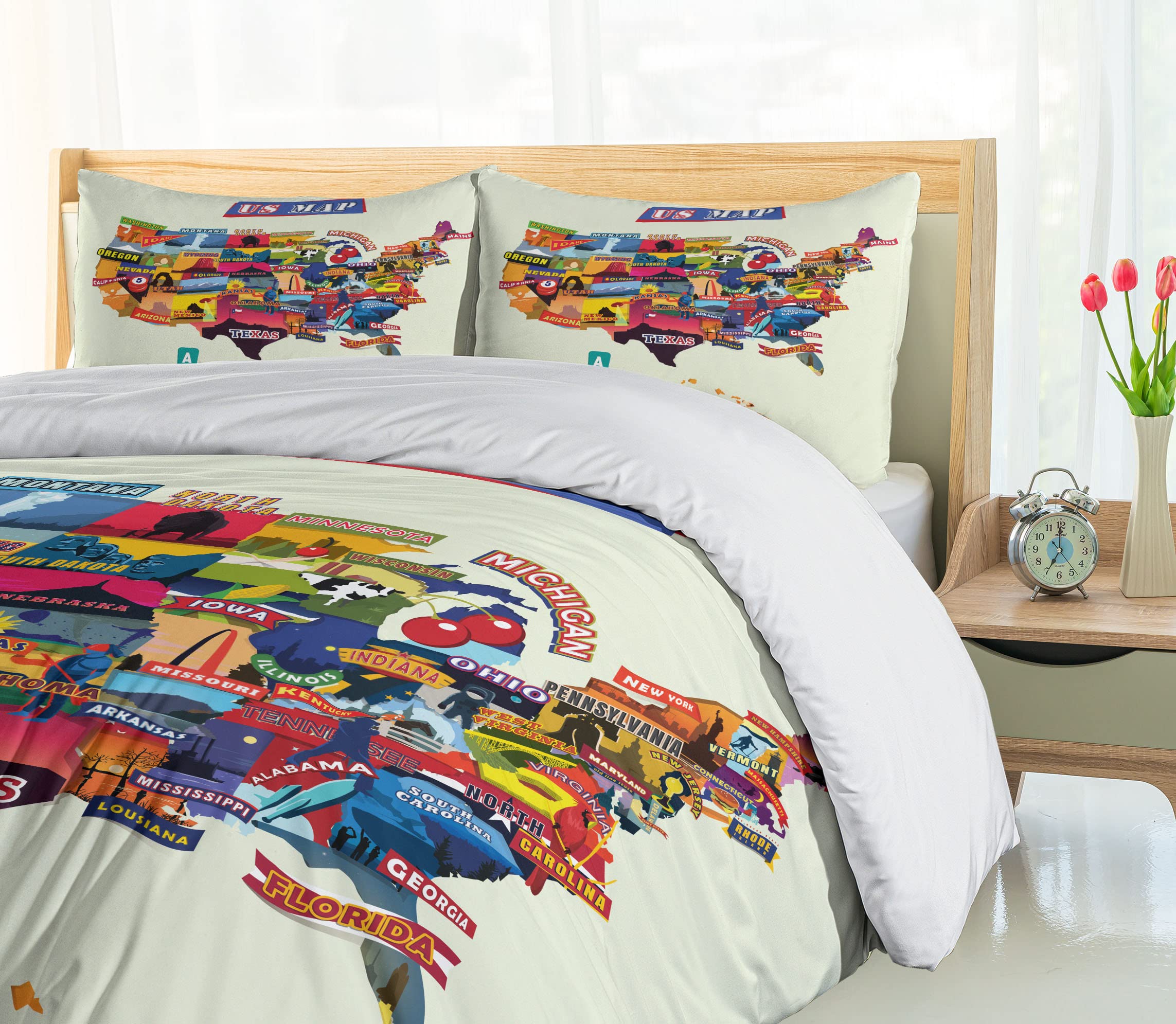Ambesonne US Map Print Duvet Cover Set - Seashore, Sunflowers & Tourist Attractions Design, 3-Piece Queen Size Bedding with 2 Pillow Shams | Perfect for Home Decor, Guest Rooms & American-Themed Bedrooms