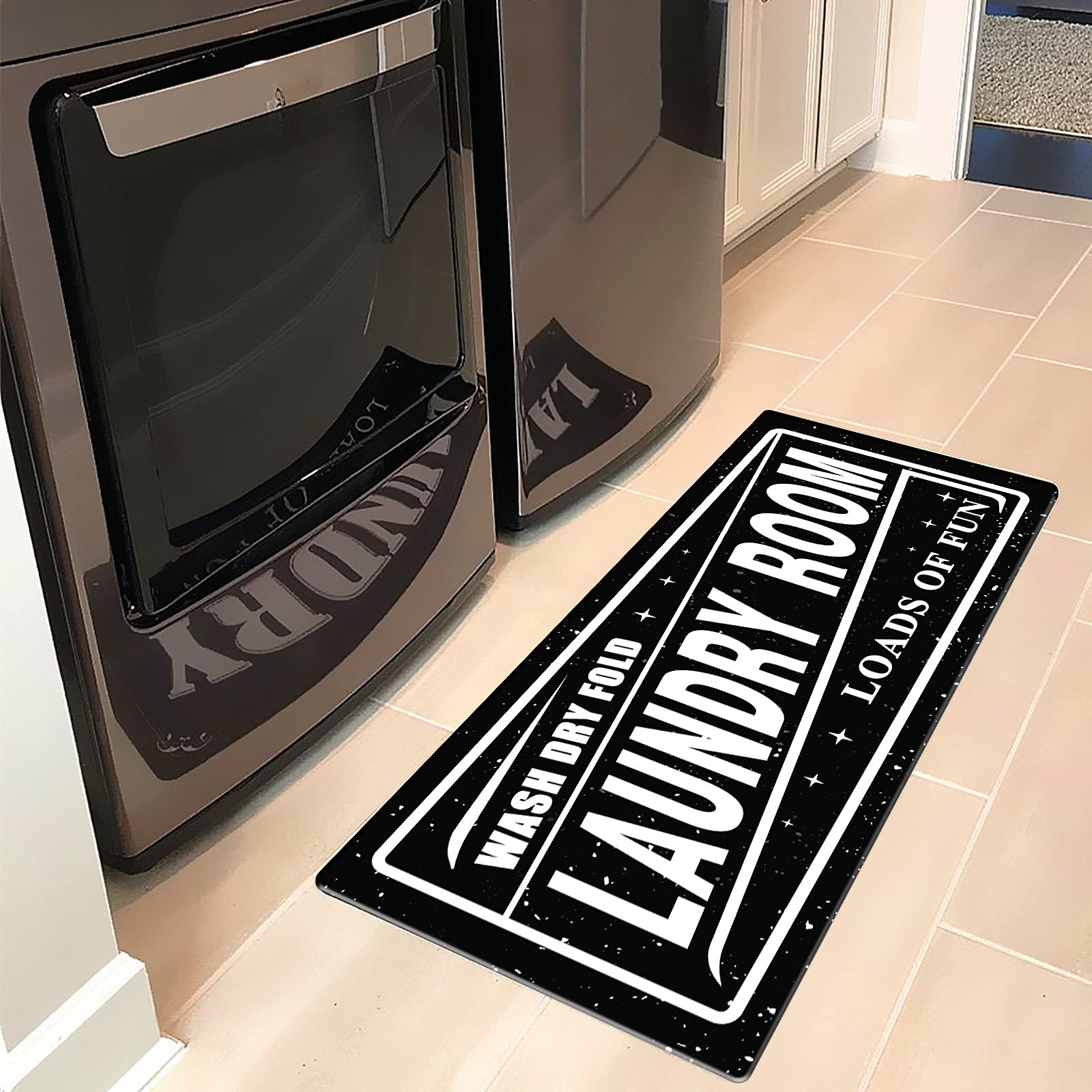 Black and White Anti-Fatigue Laundry Room Rug - Non-Slip Farmhouse Washer Dryer Mat for Comfortable Standing - Perfect for Laundry Room, Washroom, Kitchen & Bathroom - 20