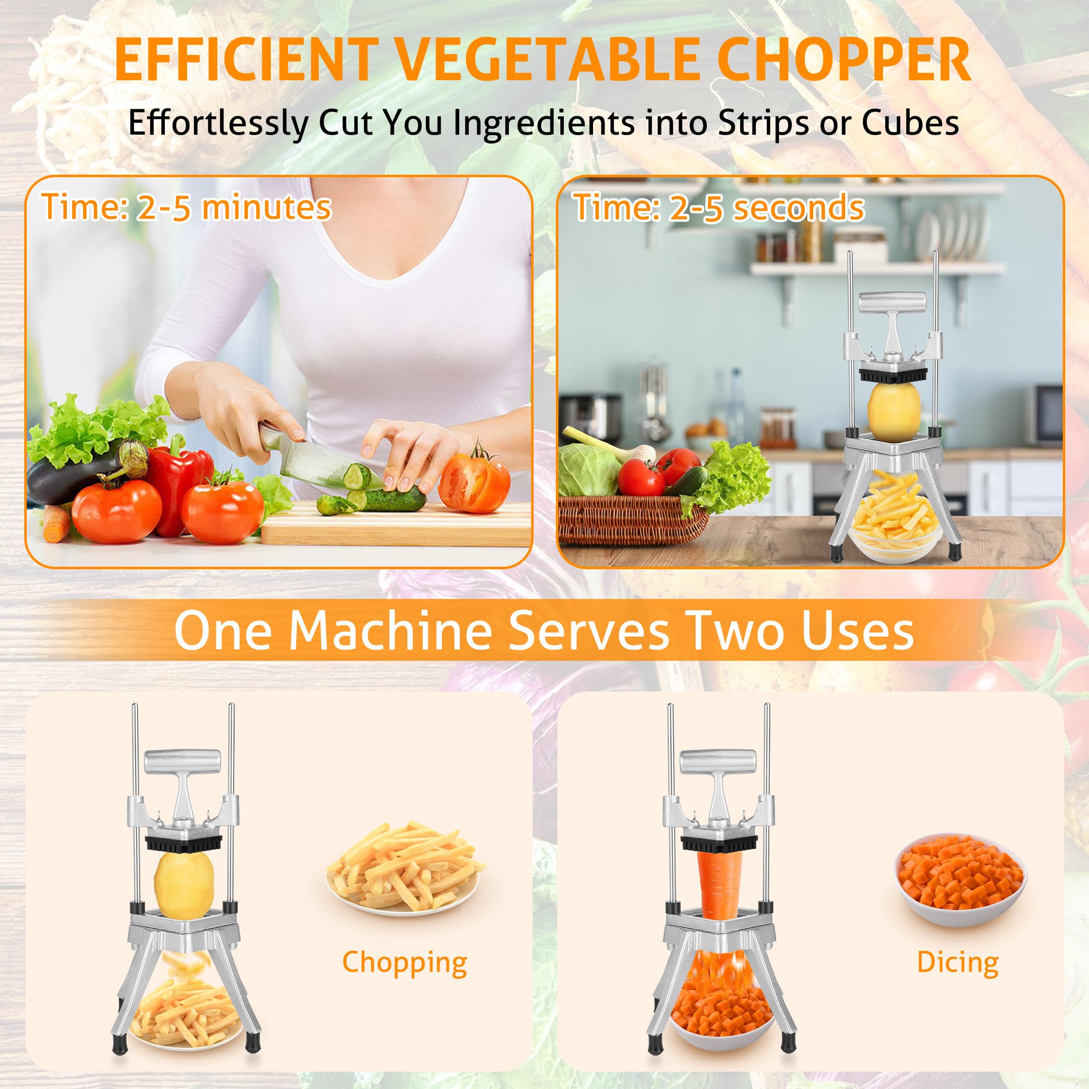 Commercial Stainless Steel Vegetable & Fruit Chopper Dicer - Heavy Duty Onion, Potato, Pepper & Mushroom Cutter with 1/2