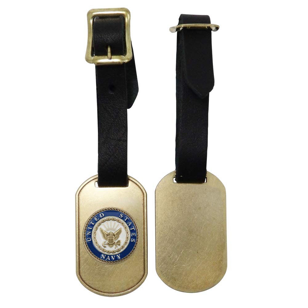 US Navy Crest Solid Brass Luggage Tag with 1-inch Die Struck Enamel Emblem & Leather Strap - Indiana Metal Craft - Perfect for Travel, Military Gifts & Personalized Identification
