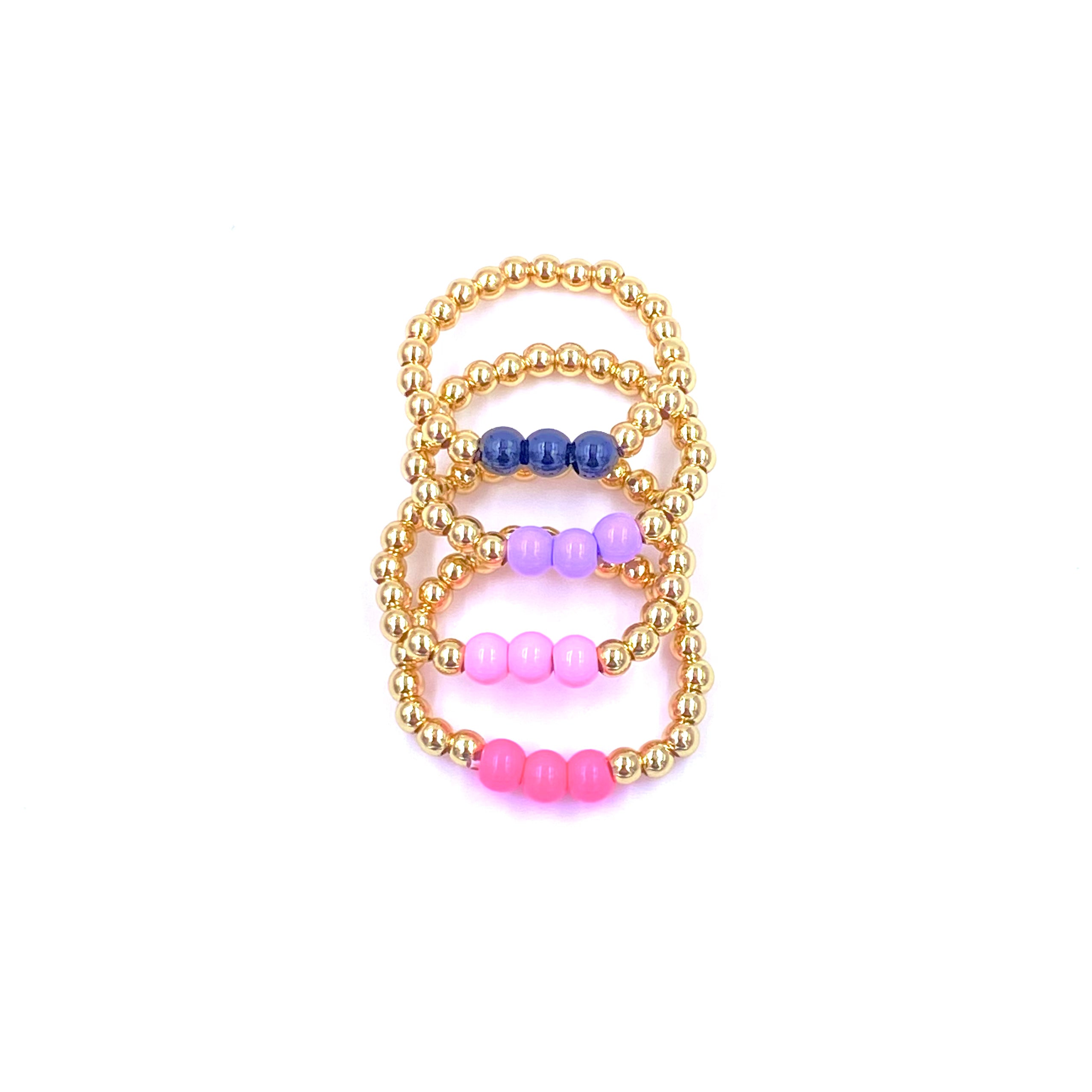 Ashley Gold Stainless Steel Gold Plated 3 Center Enamel Design Beaded Stretch Ring for Women - Elegant Adjustable Fashion Jewelry for Party, Wedding & Everyday Wear