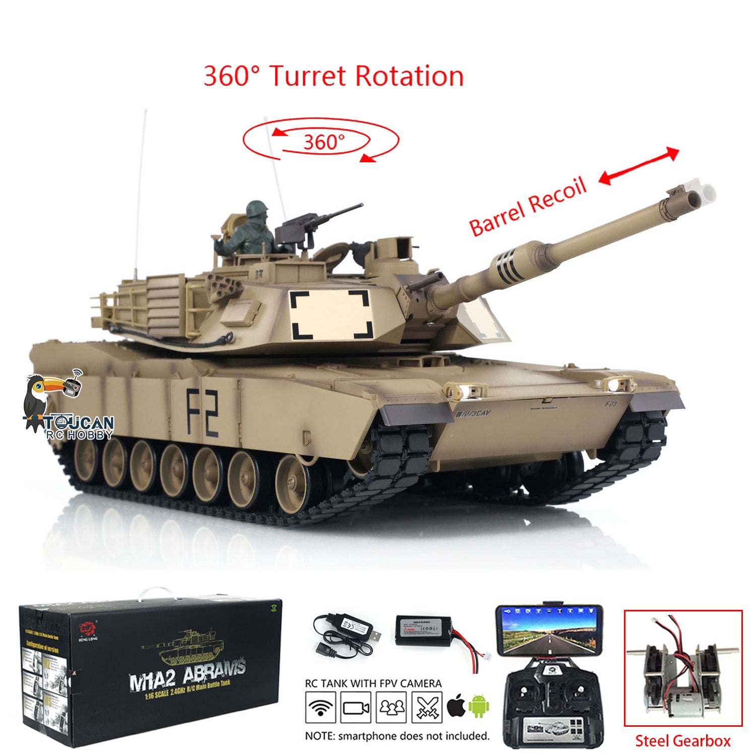 Henglong 1/16 Scale 7.0 USA M1A2 Abrams RTR RC Tank with FPV Camera, Barrel Recoil & 360° Turret - Steel Gearbox & Plastic Chassis - Perfect for Military Enthusiasts & RC Tank Battles