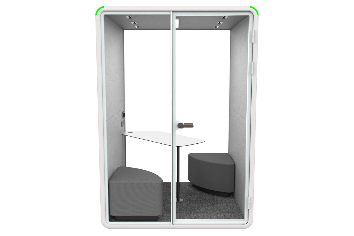 Nest 2 Person Meeting Booth with Diagonal Table & Echo Panel - Soundproof Office Pod for Private Video Calls and Small Team Collaboration