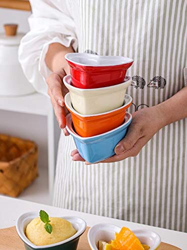Heart-Shaped Porcelain Ramekin Bowls - Set of 4 Souffle & Crème Brûlée Dishes for Baking (Red/Green/Blue/Pink/Yellow) | Perfect for Desserts, Appetizers & Romantic Dinners