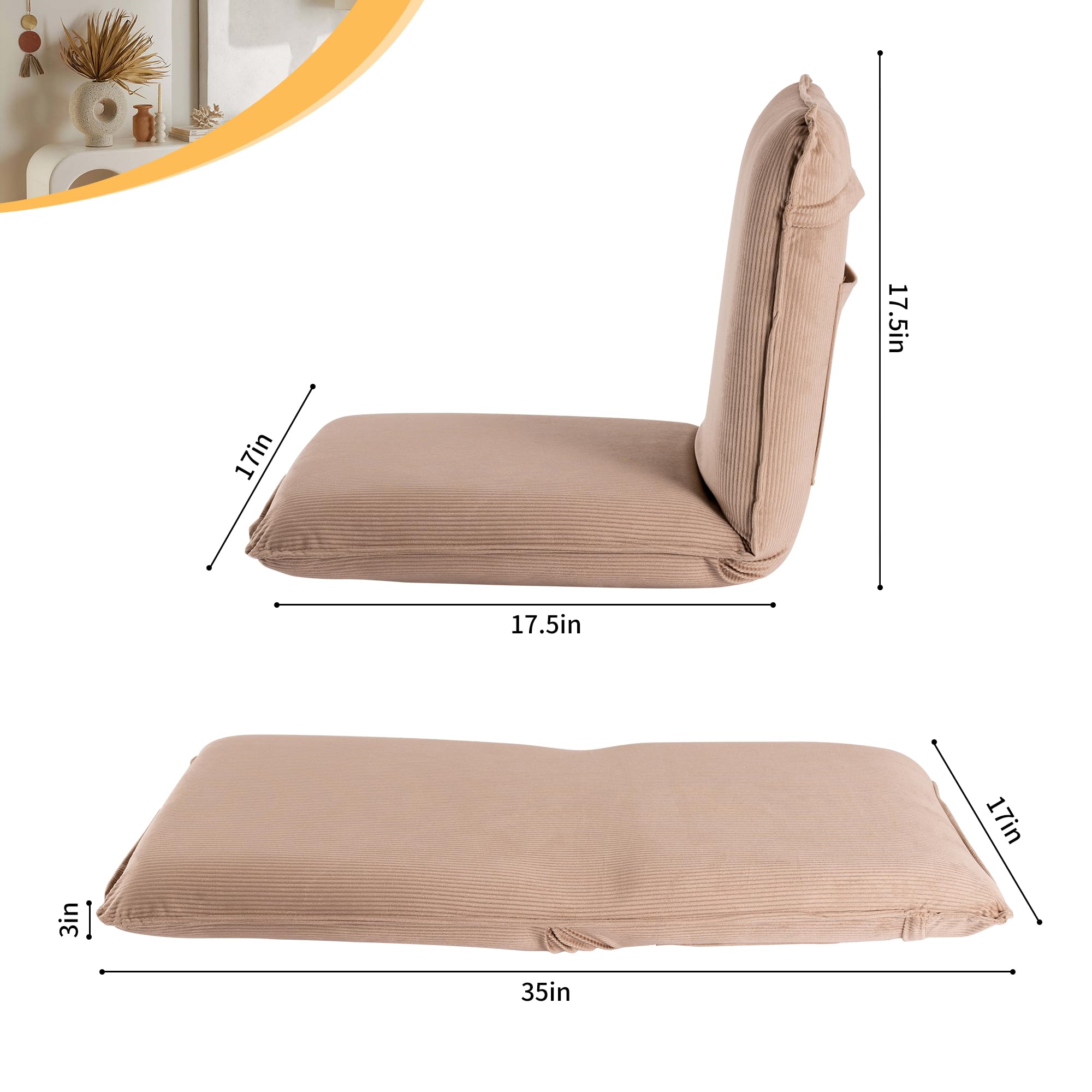 Sundale Adjustable Folding Floor Chair - 5-Position Padded Gaming & Meditation Chair with Back Support, Indoor Chaise Lounge for Adults (Tan) - Perfect for Bedroom Relaxation, Gaming Sessions & Yoga Practice