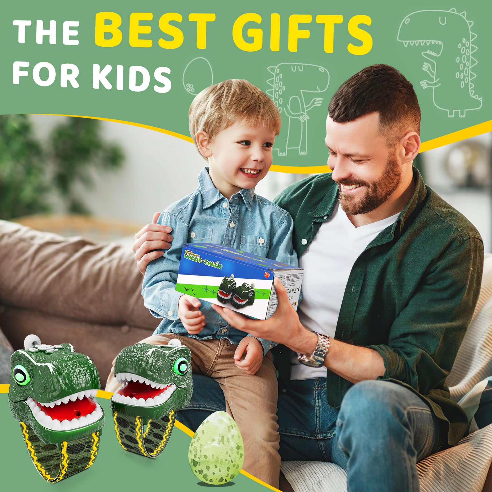 Dinosaur Walkie Talkies for Kids - 2 Pack T-Rex Outdoor Toys with 3 Channels & Long Range - Perfect for Camping, Birthday Gifts, Easter & Christmas Stocking Stuffers (Ages 3-12) | Fun for Outdoor Adventures, Backyard Play & Family Trips