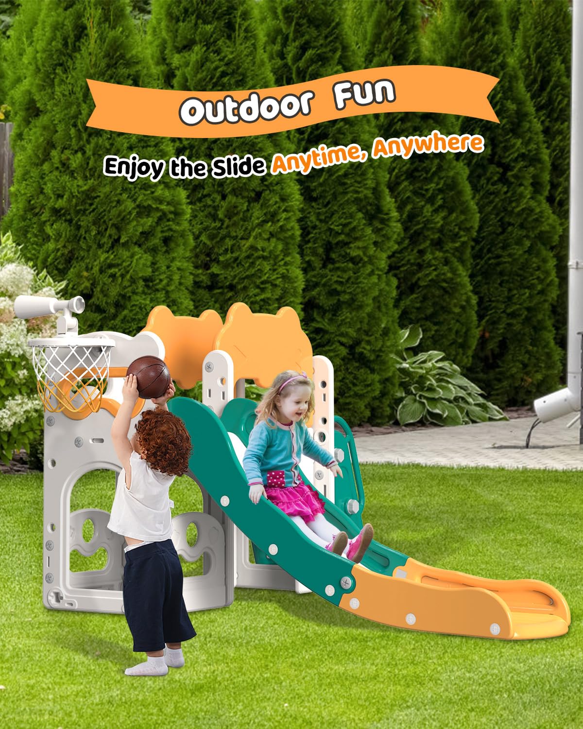 Babytronic 7-in-1 Toddler Slide Playset for Kids Ages 1-3 - Indoor/Outdoor Baby Slide with Basketball Hoop & Telescope - Green & Yellow Toddler Playground Equipment for Backyard, Nursery & Daycare Fun