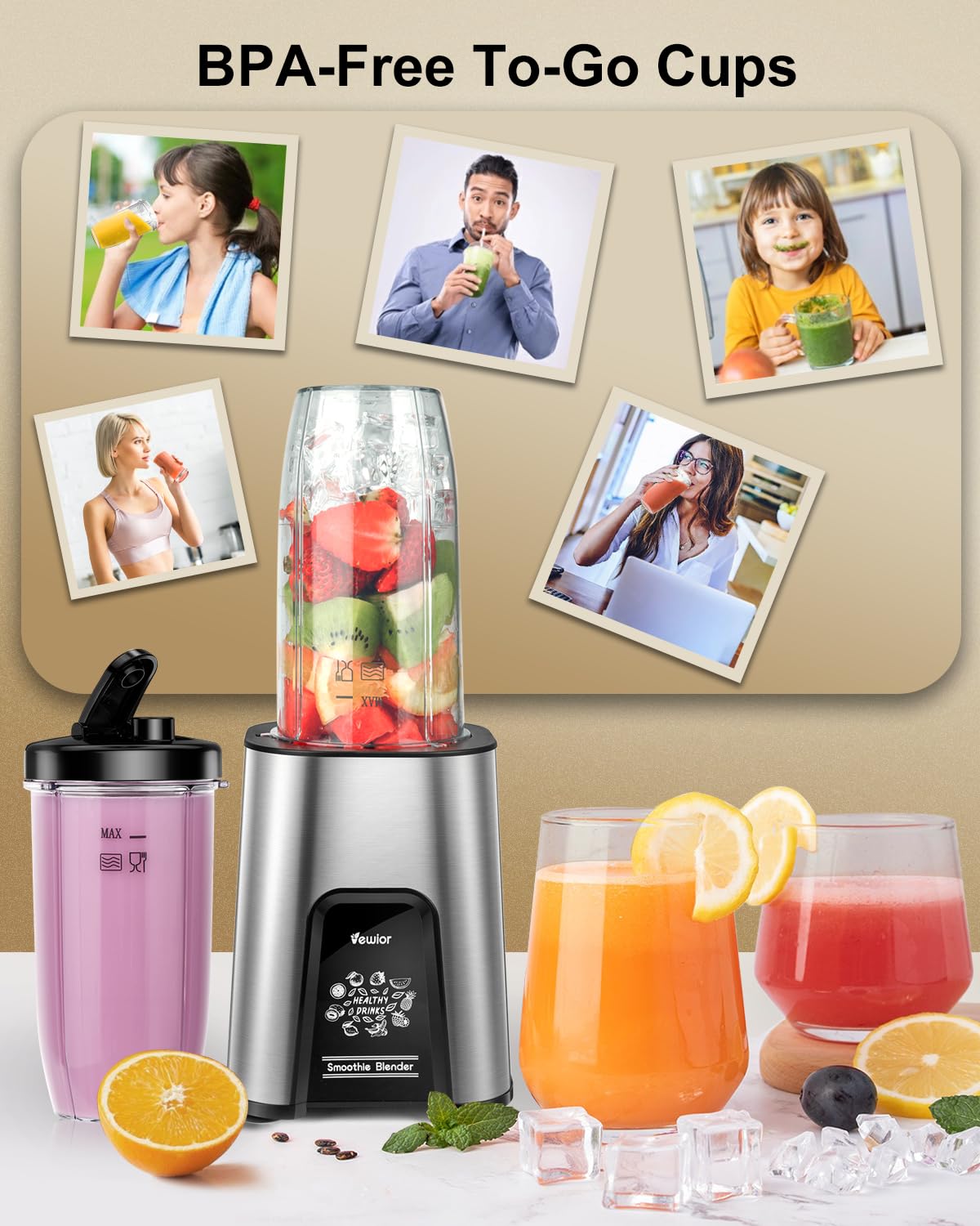 VEWIOR 900W Personal Blender for Shakes, Smoothies & Juices - High Power Kitchen Blender with 2 BPA-Free 22Oz Travel Cups - Perfect for Healthy Drinks, Protein Shakes & Meal Prep at Home, Gym or Office