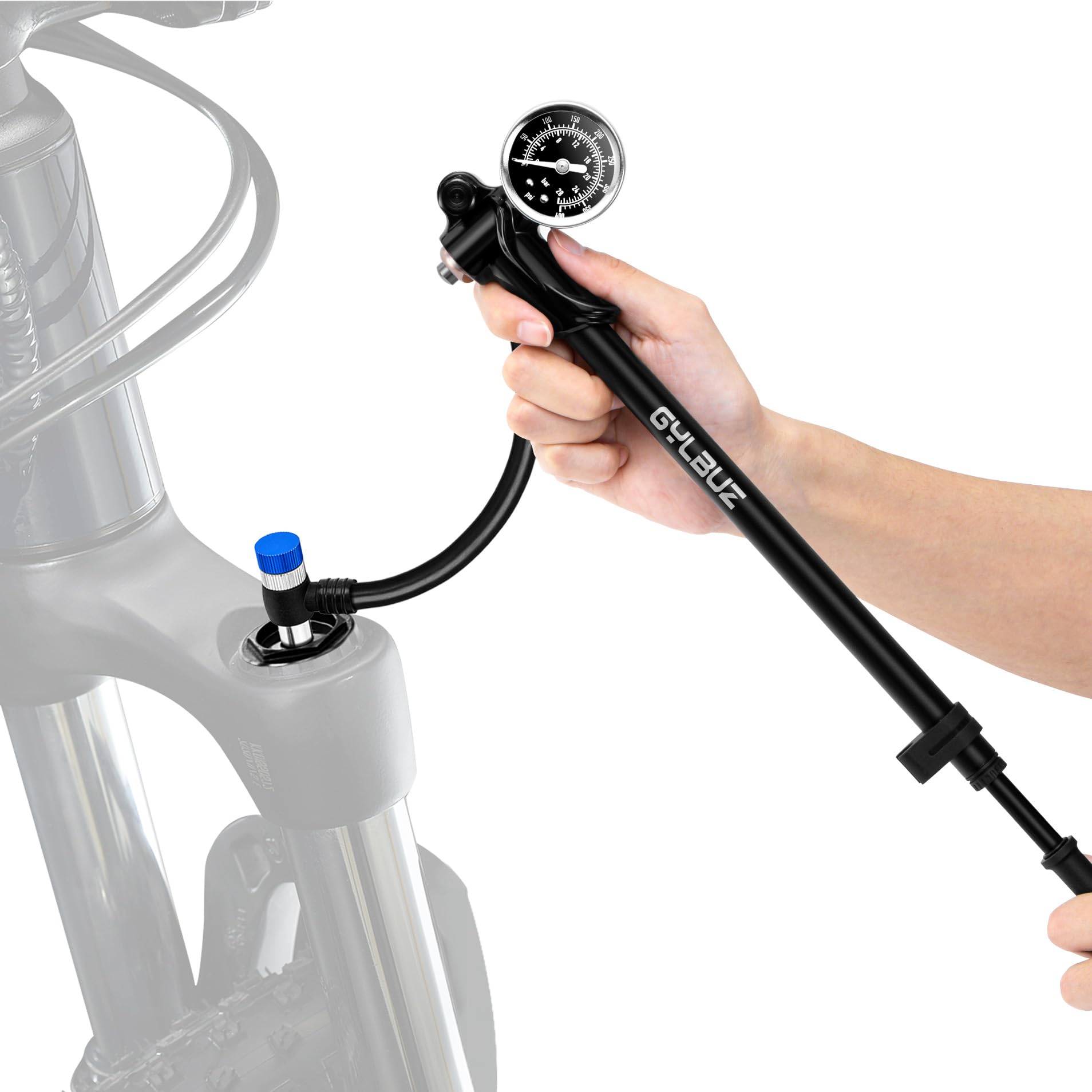 High Pressure Bike Shock Pump 400 PSI with Gauge - Mountain Bicycle Air Pump for Fork & Rear Suspension, Mini Shock Pump Compatible with Schrader Valve - Perfect for MTB Trail Riding & Suspension Maintenance