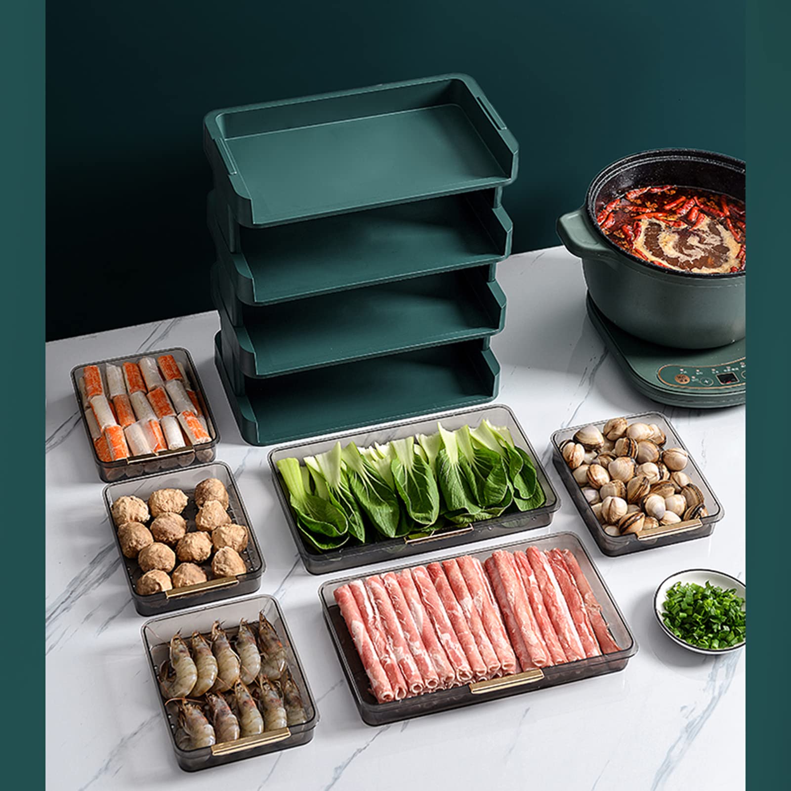 XINGAKA 4-Tier Kitchen Prep Tray Organizer with Pull-Out Drawers - Green Vegetable & Fruit Preparation Stand for Hot Pot, Salad, Meal Prep - Space Saving Countertop Storage Solution for Home & Restaurant Use