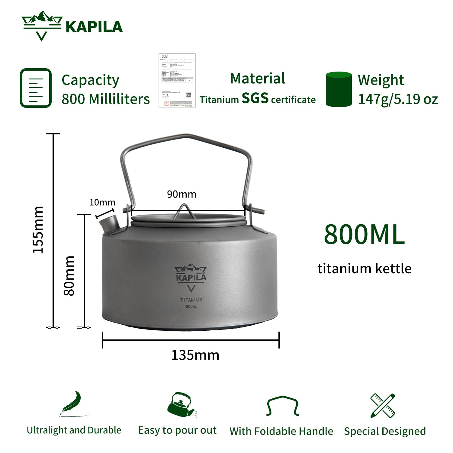 KAPILA 800ml Titanium Camping Kettle - Ultralight Folding Handle Tea & Coffee Pot for Backpacking, Hiking, Outdoor Adventures - Perfect for Camping, Travel & Emergency Preparedness