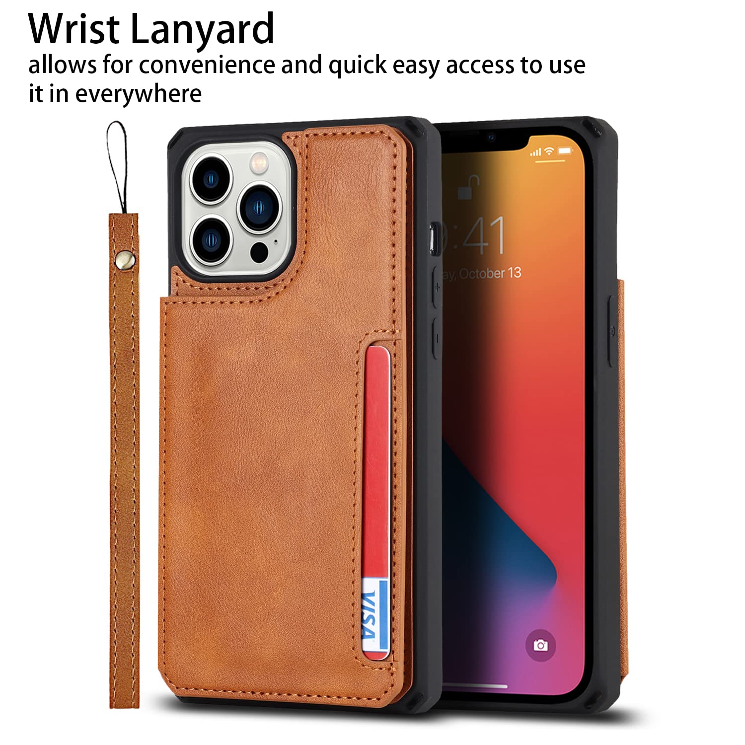 Premium Leather iPhone 13 Pro Max Wallet Case with Card Holder & Stand - Shockproof Protective Phone Cover for Women & Men (Light Brown) - Perfect for Work, Travel & Everyday Use