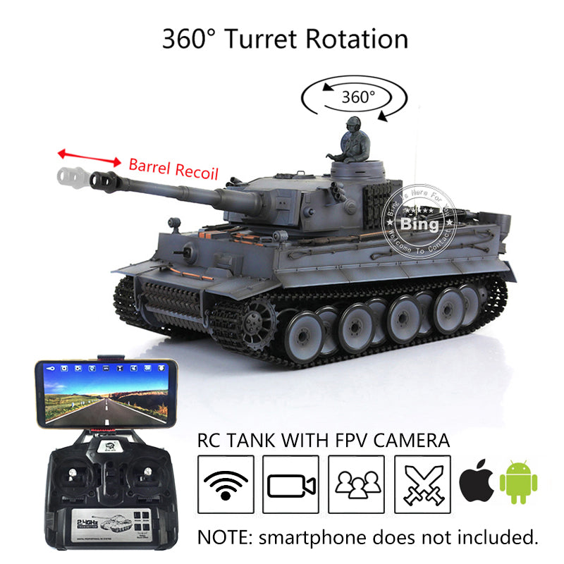 Henglong 1/16 Scale 7.0 Plastic Tiger I RC Tank Model 3818 with 360° Rotating Turret, Recoil Barrel, FPV Phone Holder & Steel Gearbox - Realistic Engine Sound for Military Enthusiasts & Battle Simulation