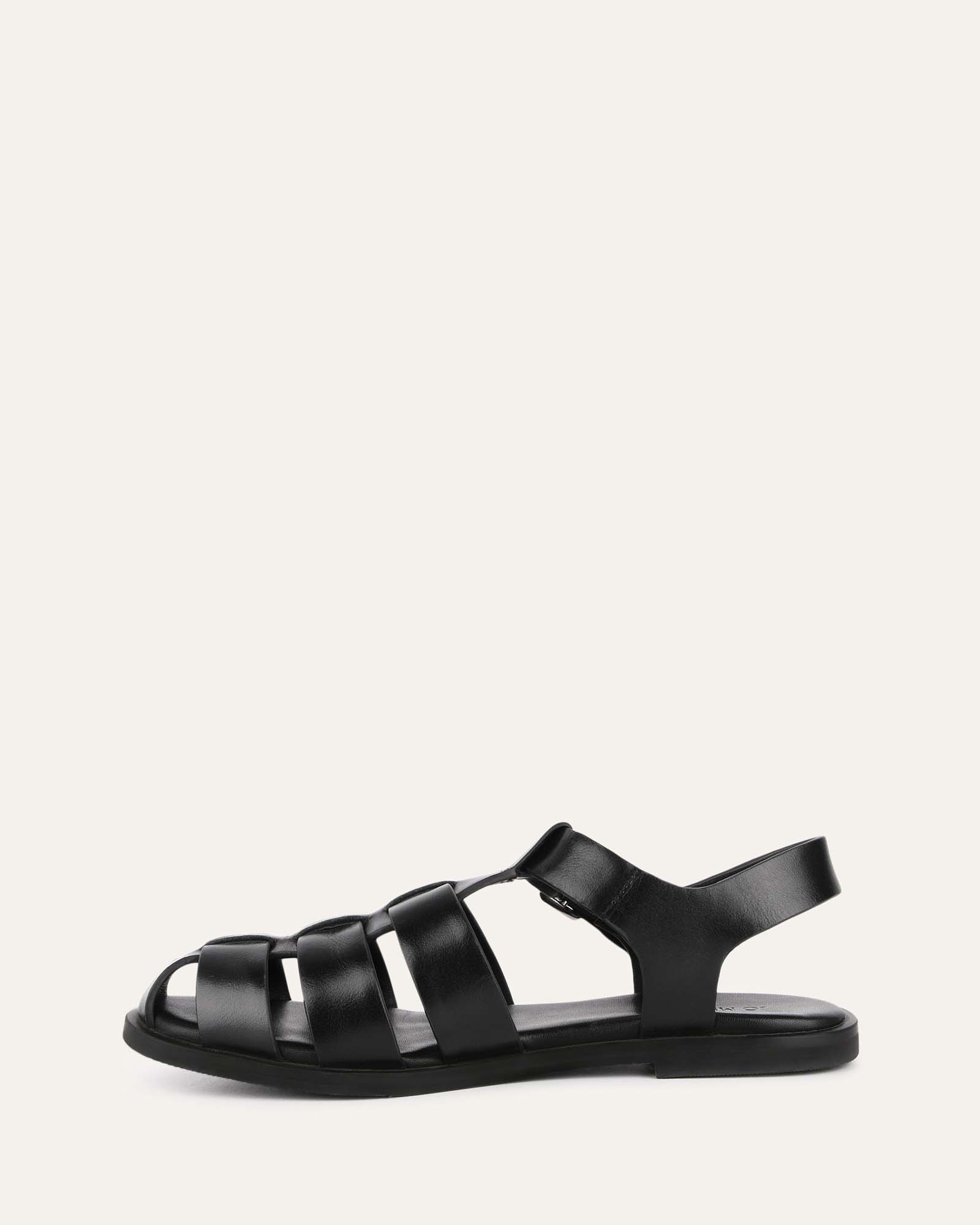 FINN Flat Sandals for Women - Black Leather Straps Comfortable Slide Sandals for Summer, Beach, and Casual Wear