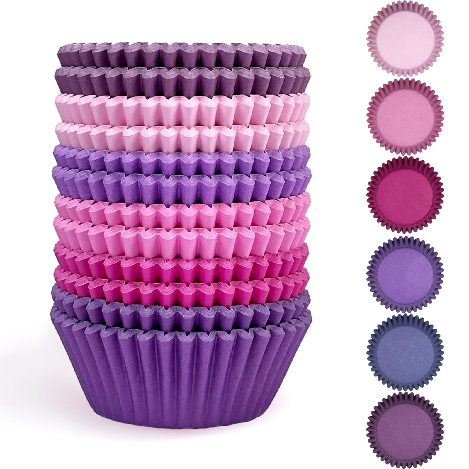 Qiqee 300 Counts Standard Size Cupcake Liners - 6 Solid Colors (Pink, Purple) Food Grade Baking Cups for Muffins & Cupcakes | Perfect for Birthday Parties, Baby Showers & Holiday Baking