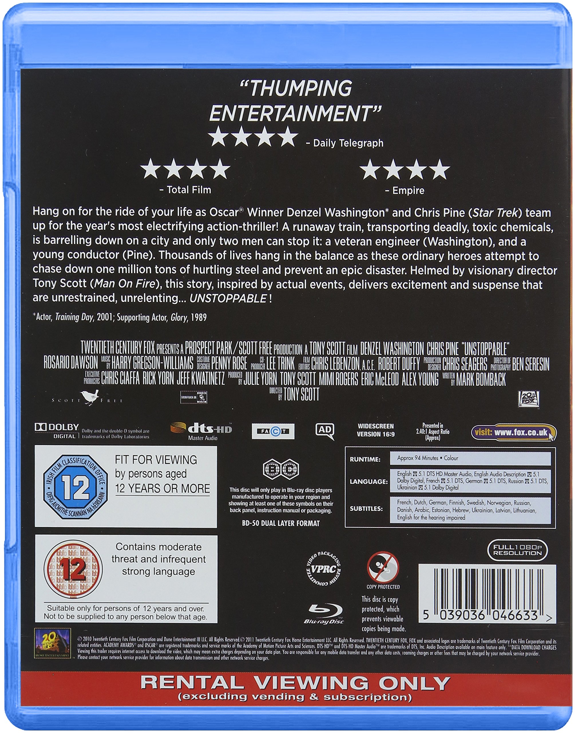 Unstoppable Blu-ray Movie - Action Thriller Film Starring Denzel Washington - Perfect for Movie Nights & Home Theater Entertainment