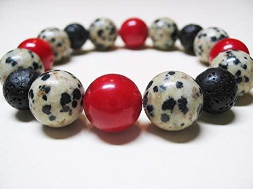 Red Coral Lava Stone Dalmatian Jasper Bracelet for Women - 12mm Root Chakra Healing Jewelry, Black & Red Beaded Spiritual Gift for Meditation, Yoga & Energy Balancing
