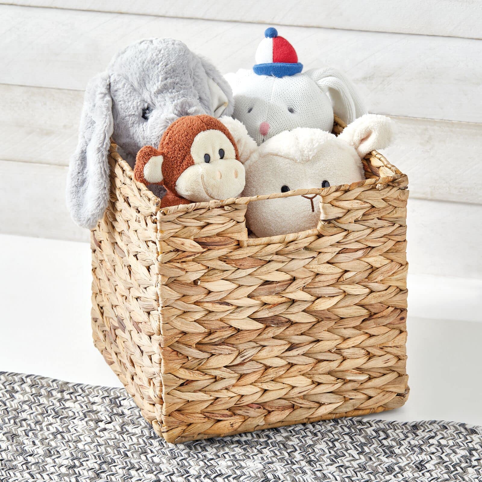 mDesign Natural Woven Hyacinth Cube Organizer Basket with Handles - 4 Pack Storage Bins for Bathroom, Laundry Room, Nursery & Cubby Units - Perfect for Organizing Blankets, Books & Home Essentials | Space-Saving Home Decor Solution