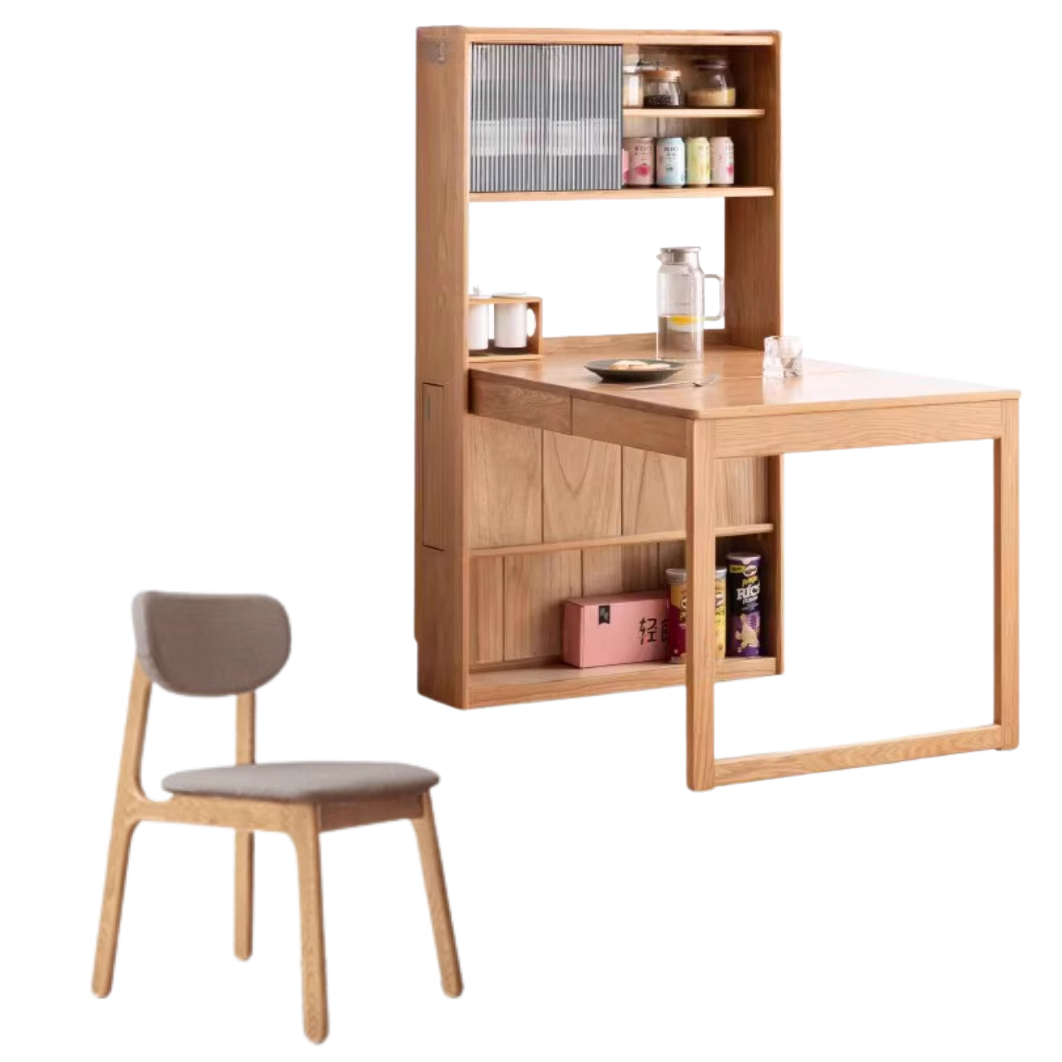 out of stock 45.6-68.5x33x59 inch / 116-174x84x150 cm / Natural Wood Color / Telescopic dining table + four soft chair