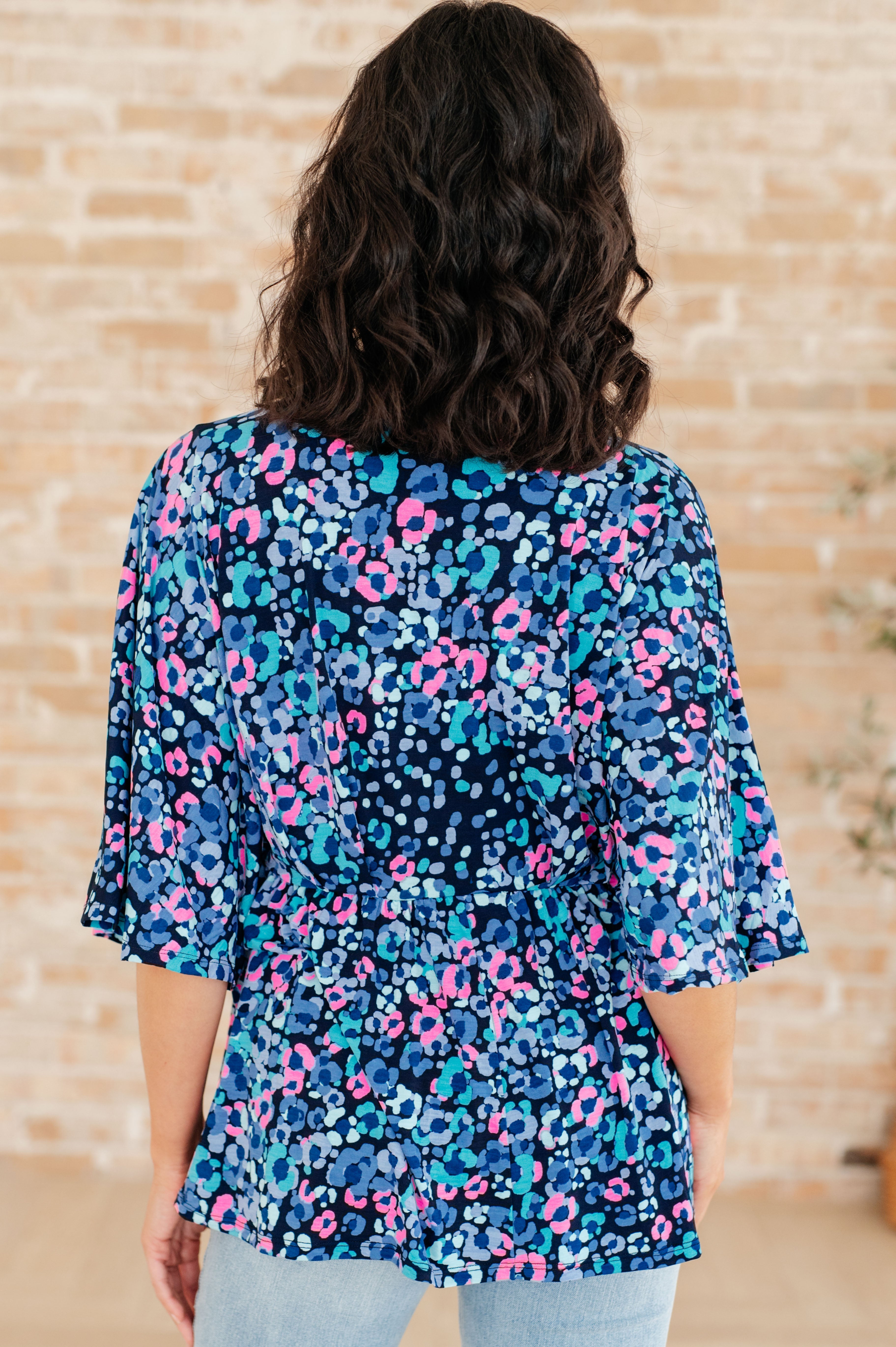 Dear Scarlett Navy & Lavender Animal Print Peplum Top for Women - Stylish Blouse for Party, Date Night & Casual Outfits