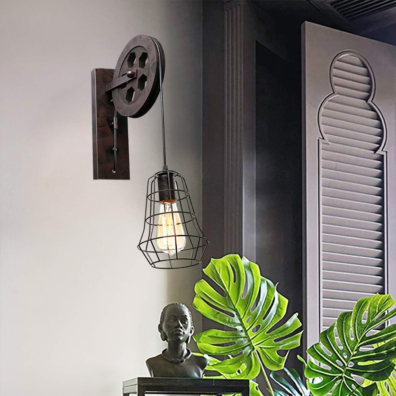 Vintage Industrial Wall Lamp with Wheel Pulley - Antique Iron Cage Rustic Wall Light for Corridor, Loft, or Farmhouse Decor - 110-220V E27 Socket (Bulb Not Included) - Perfect for Industrial, Retro & Country Style Home Lighting
