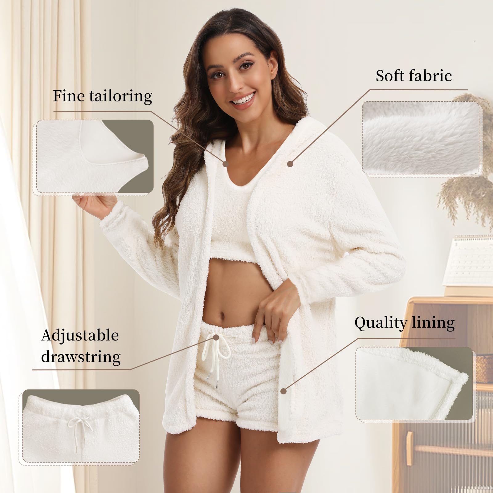 JBT Fuzzy Lounge Set 3 Piece - Soft Fleece Pajama Set for Women, Cozy Loungewear with Fluffy Shorts - Perfect for Relaxing at Home, Lounging & Sleepovers