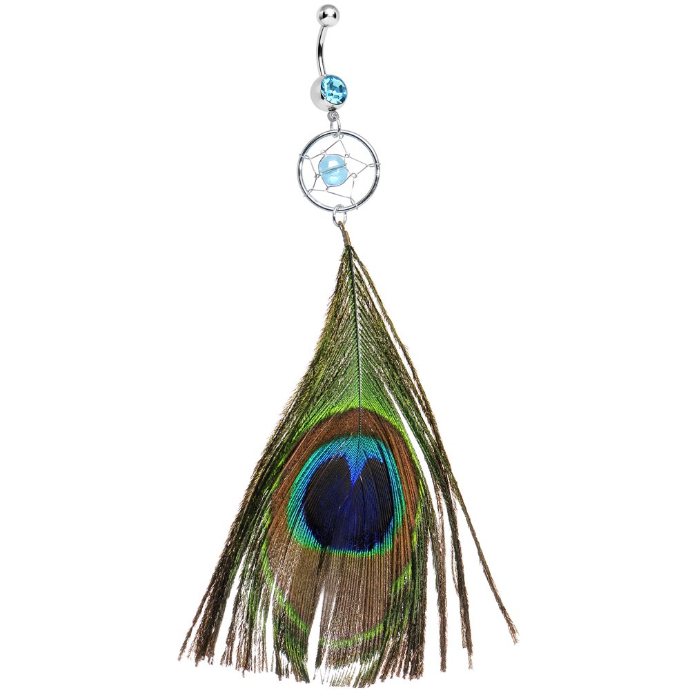 Body Candy Brilliant Blue Peacock Feather Dreamcatcher Dangle Belly Ring - Elegant Navel Piercing Jewelry for Women, Perfect for Parties, Festivals & Boho Style Outfits