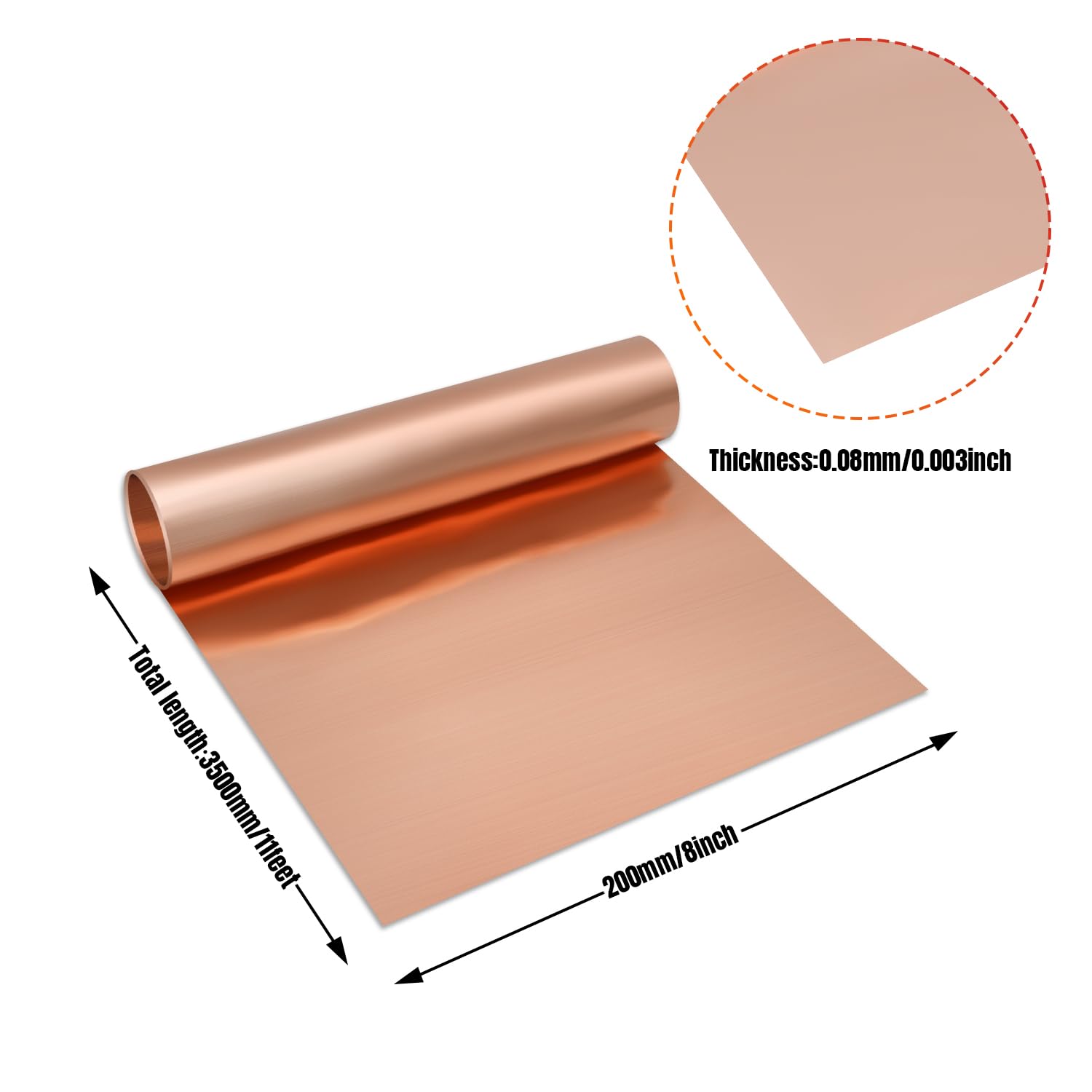 Pure Copper Sheet Roll - 0.08mm Thickness, 8