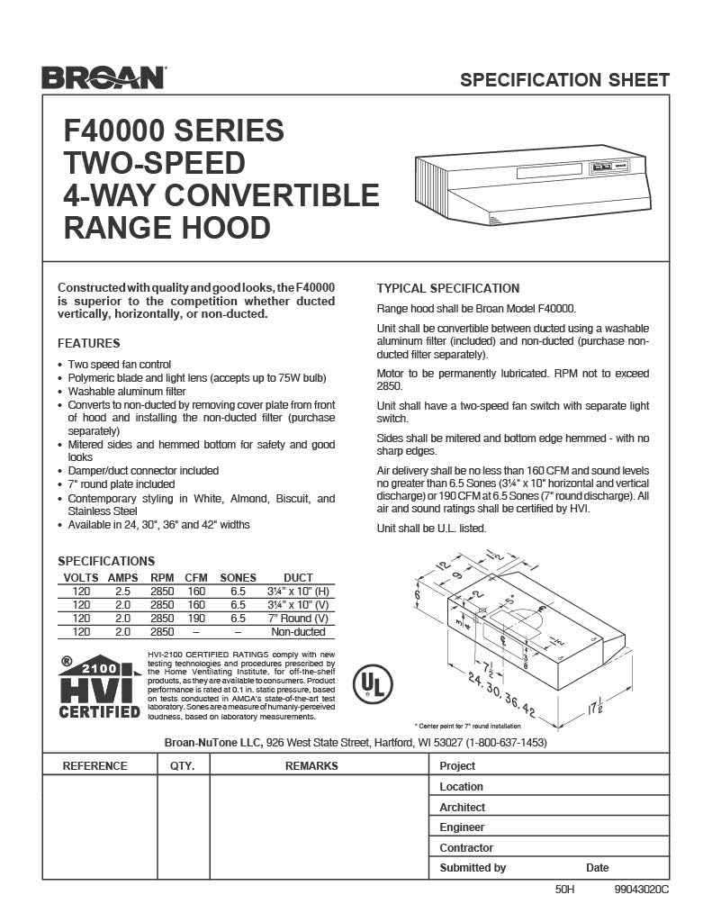 Broan F40000 Series 30-Inch Stainless Steel Ducted Under Cabinet Range Hood with 160 MAX Blower CFM - Powerful Kitchen Ventilation for Cooking, Grilling & Baking (Model F403004)