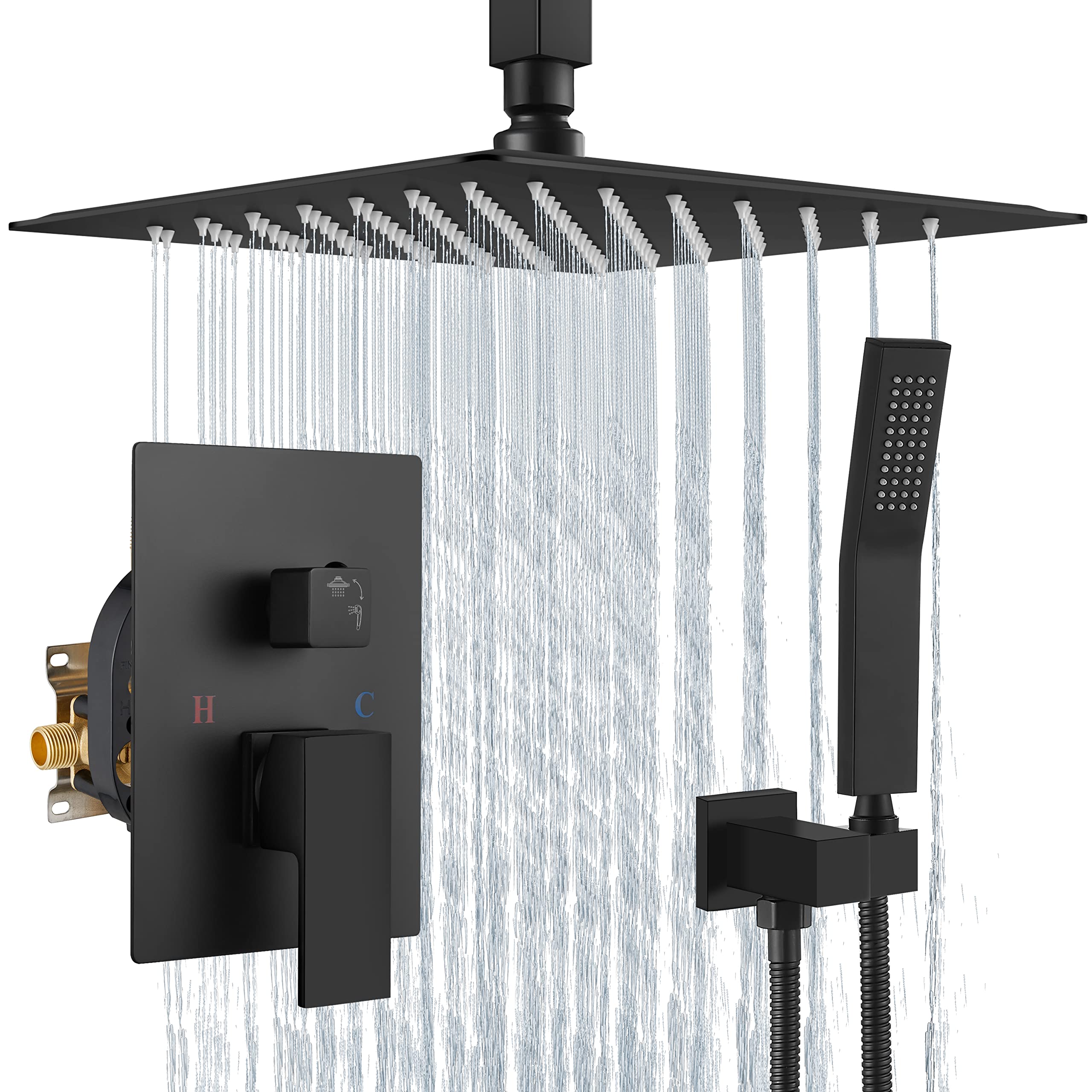 12 Inch Matte Black Ceiling Mount Rain Shower System with Handheld Spray - Luxury Shower Combo Set Including Pressure Balance Valve & Shower Trim (Male Thread) for Modern Bathroom Renovation | Perfect for Spa-Like Experience & Water-Saving Shower