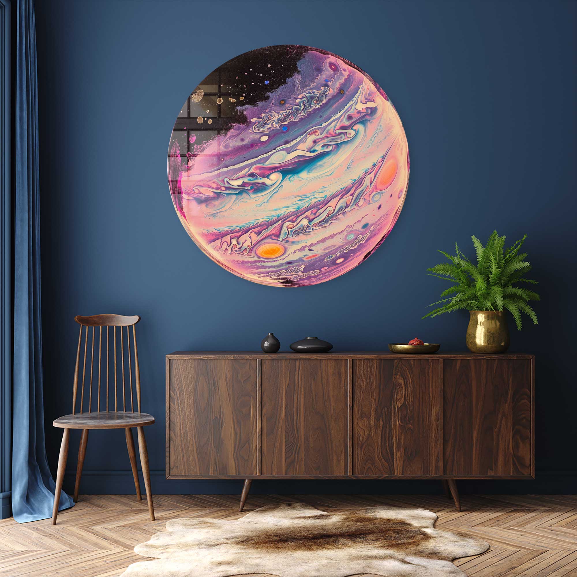 Handmade Ebru Art Rounded Glass Wall Decor - Unique Marble Painting for Living Room, Bedroom & Office