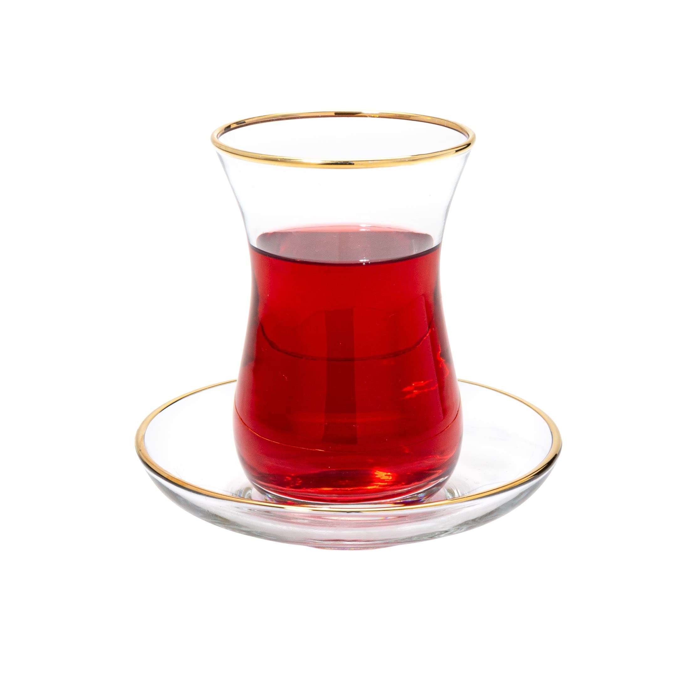 Vikko Turkish Tea Glasses & Saucers Set - 6 Clear Glass Tea Cups with Gold Accents (5.5 Oz Each) & 6 Matching Plates - Authentic Turkish Tea Set for Home, Cafe or Gift