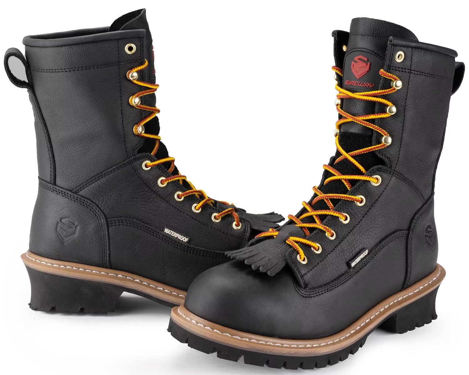 SUREWAY Men's 8-Inch Waterproof Steel Toe Work Boots - Oil & Slip Resistant, Thick Full Grain Leather, Wedge Rubber Sole, EH Rated - Ideal for Construction, Logging & Outdoor Work