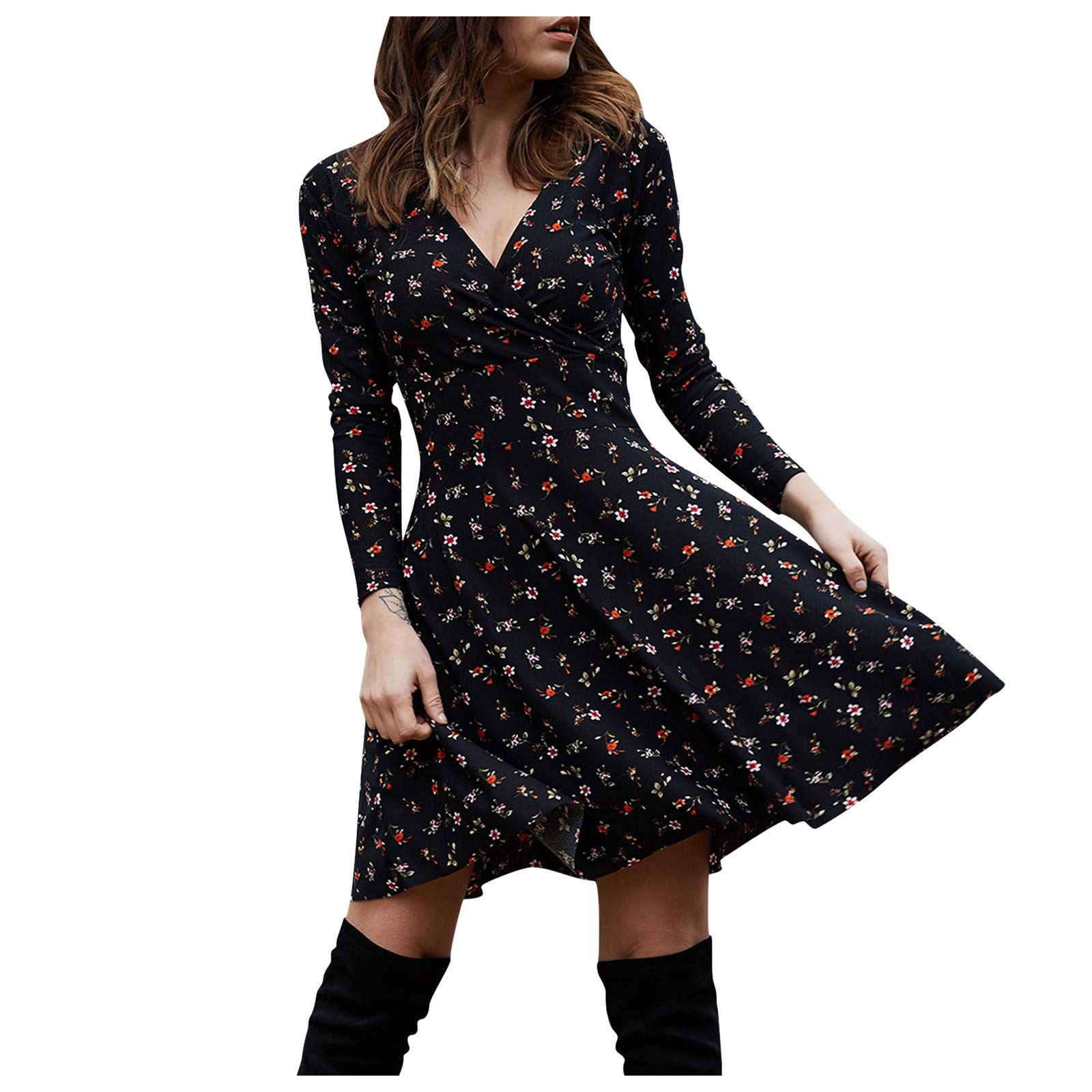 Floral Print Long Sleeve Mini Dress for Women - Vintage V-Neck Party & Casual Sun Dress | Perfect for Holiday, Wedding, and Spring Outfits